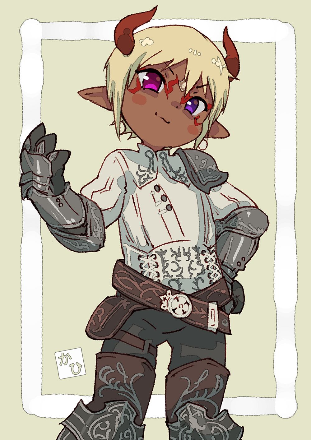 mabo9317, original, commentary request, highres, 1girl, armor, belt, blonde hair, dark skin, facial tattoo, gauntlets, heterochromia, horns, monster girl, pink eyes, purple eyes, red horns, shirt, short hair, simple background, standing, tattoo, white shirt