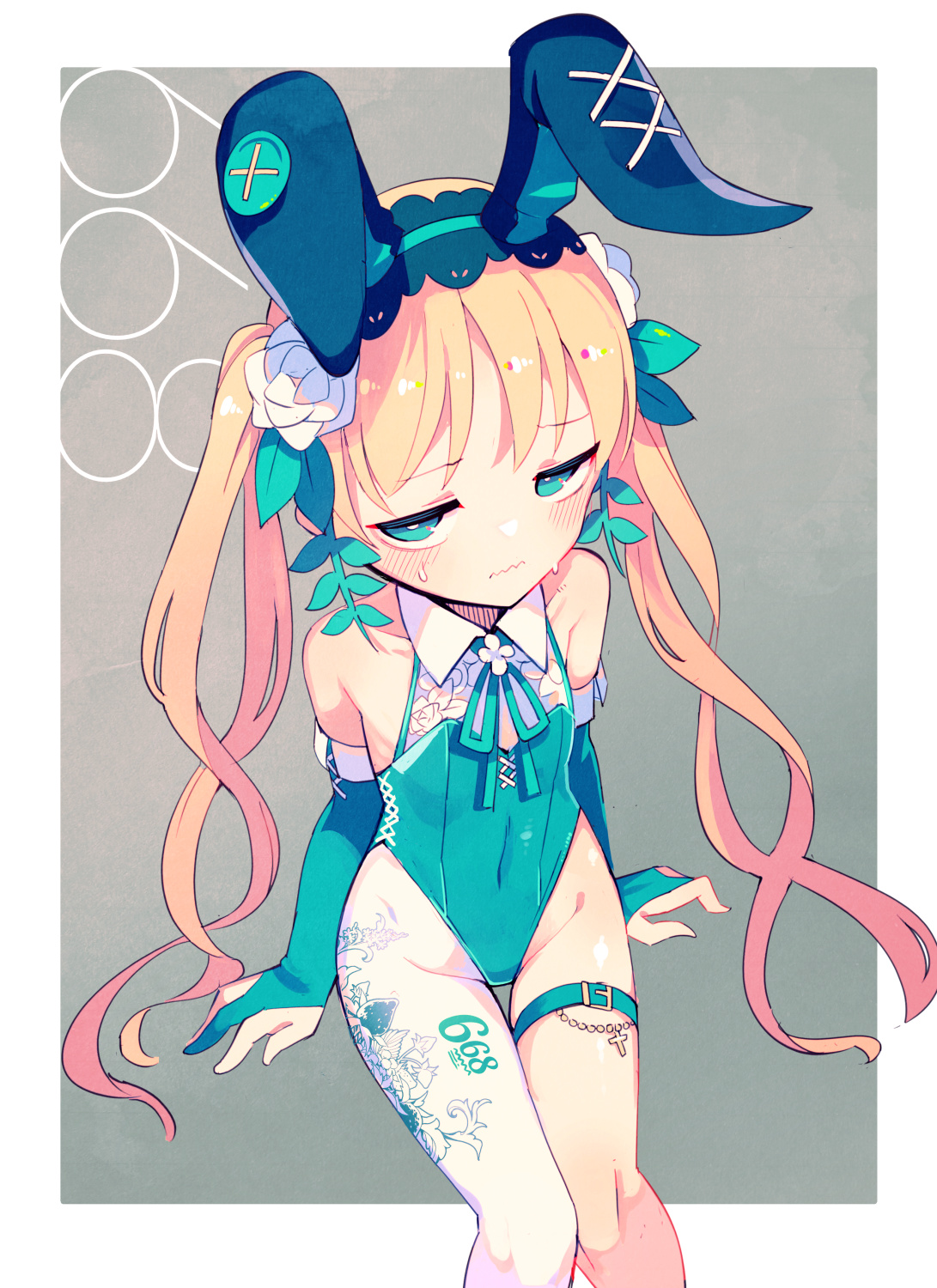 fuukadia (narcolepsy), tono hanna, mahou shoujo no majo saiban, commentary request, highres, 1girl, alternate costume, animal ears, arm support, bare shoulders, blonde hair, blush, border, closed mouth, covered navel, cross, elbow gloves, embarrassed, fake animal ears, flat chest, from above, gloves, green eyes, green leotard, grey background, invisible chair, leg tattoo, leotard, long hair, looking at viewer, nervous sweating, outside border, pantyhose, playboy bunny, rabbit ears, single leg pantyhose, sitting, solo, strapless, strapless leotard, sweat, tattoo, thigh strap, twintails, wavy mouth, white border, white pantyhose