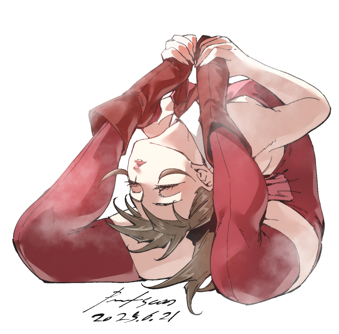 nabipenciller, original, highres, 1girl, ascot, backbend, boots, breasts, brown hair, closed eyes, contortion, flexible, full body, high heel boots, high heels, leotard, red ascot, red boots, red leotard, red thighhighs, simple background, small breasts, solo, thighhighs, white background