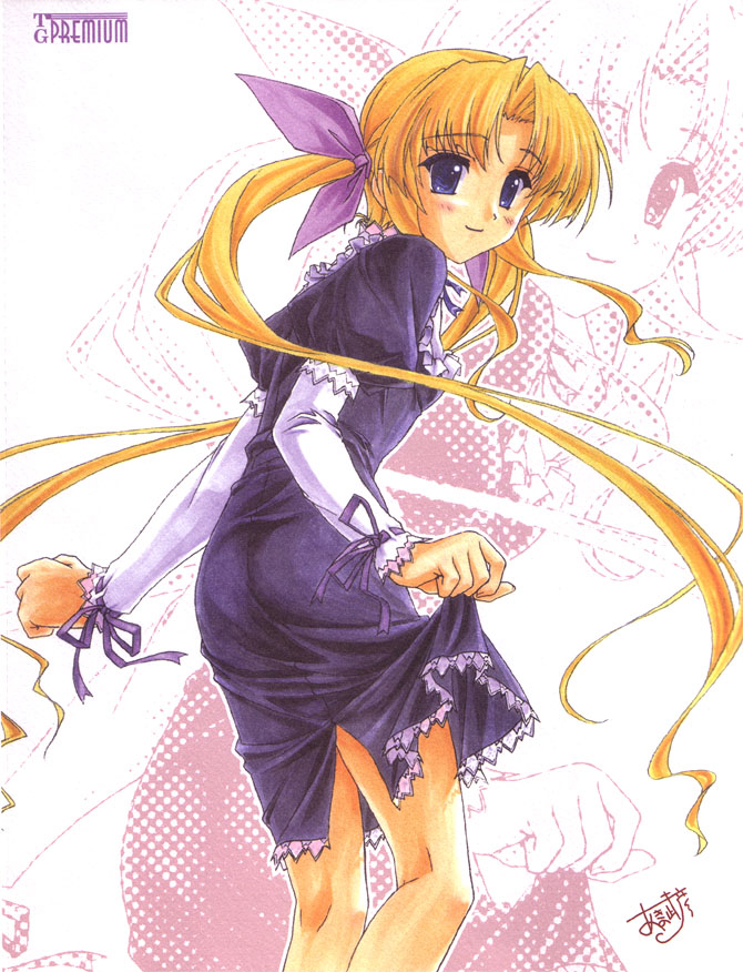 akino takehiko, latte (aka), aka (game), aka (nekoneko soft), 1girl, blonde hair, blue eyes, clothes lift, dress, female focus, hair ribbon, long hair, ribbon, skirt, skirt lift, solo, twintails, very long hair