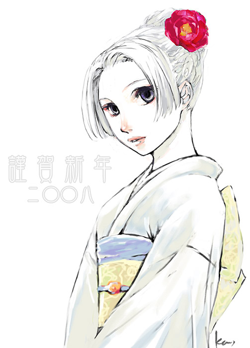katsura (+araka), chris lightfellow, gensou suikoden, gensou suikoden iii, french braid, silver hair, 1girl, braid, female focus, flower, hair bun, hair flower, hair ornament, hair up, japanese clothes, kimono, lips, purple eyes, single hair bun, sketch, solo