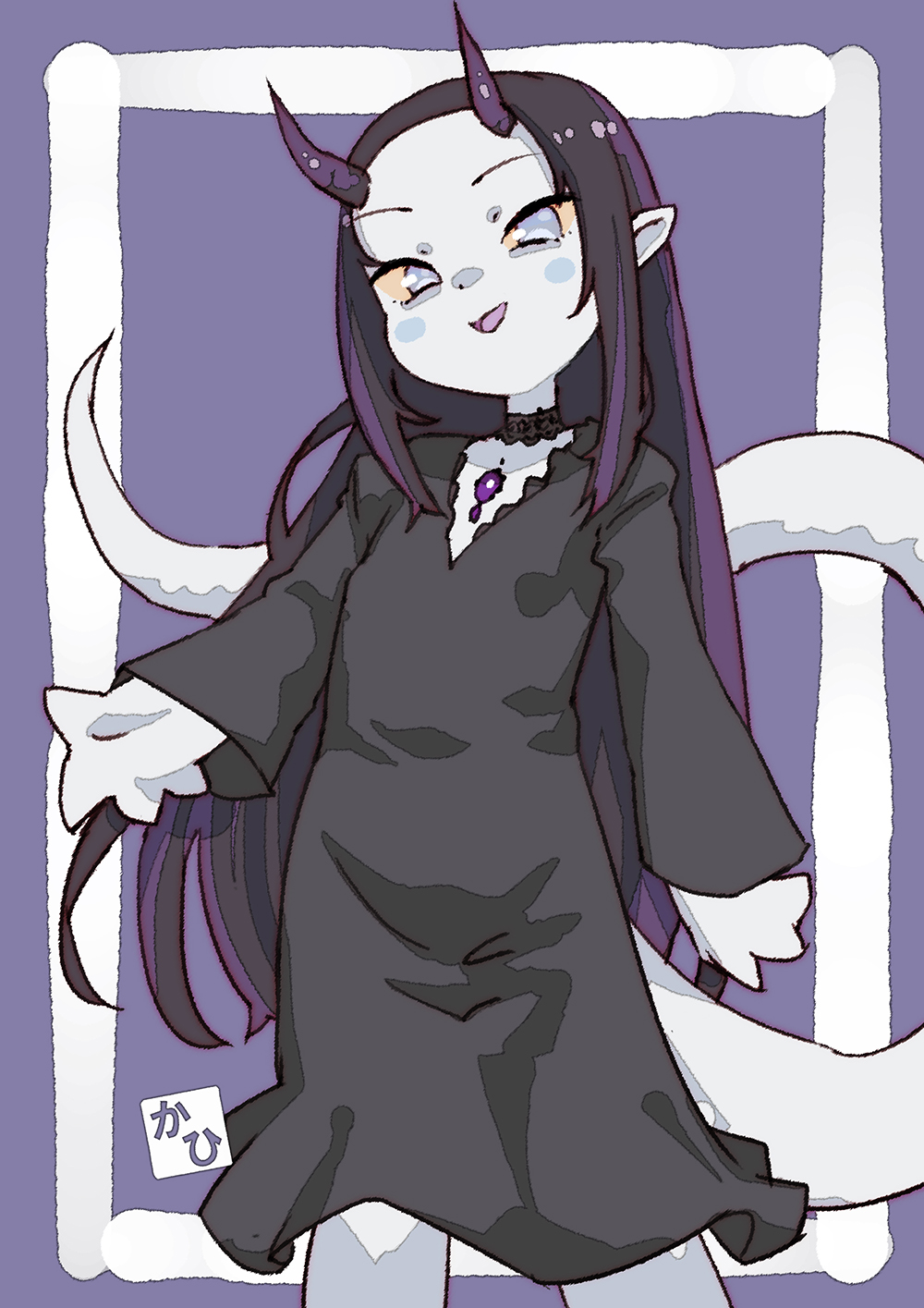 mabo9317, original, commentary request, highres, 1girl, :d, black hair, choker, flat chest, grey eyes, horns, long sleeves, monster girl, multicolored hair, open mouth, pale skin, purple background, purple hair, purple horns, robe, simple background, smile, tail, two-tone hair