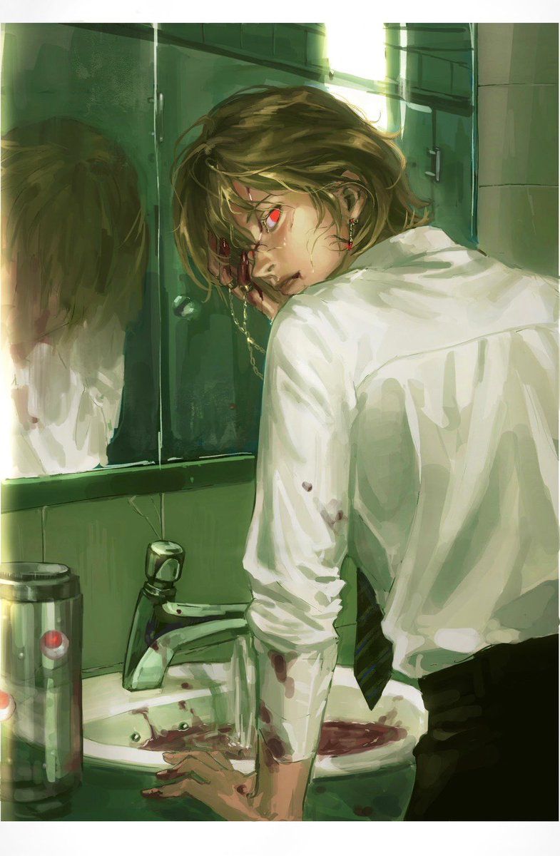 kurapika, hunter x hunter, highres, 1boy, agzamx, androgynous, bathroom, black pants, blonde hair, blood, blood on clothes, blood on face, earrings, faucet, injury, jewelry, letterboxed, looking back, looking to the side, male focus, mirror, missing eye, pants, parted bangs, piercing, red eyes, shirt, shirt tucked in, sink, solo, standing, tile wall, tiles, white shirt