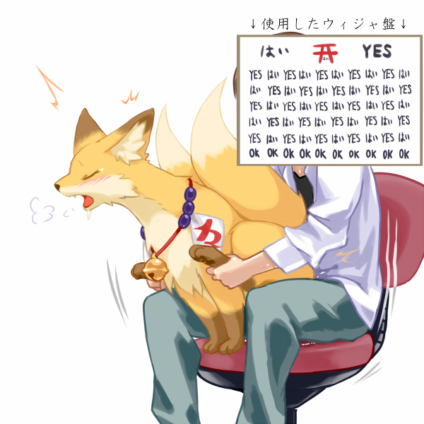 wkar, bell, bestiality, blush, breath, chair, closed eyes, clothed sex, fangs, fox, interspecies, multiple tails, sex, simple background, sitting, tail, text focus