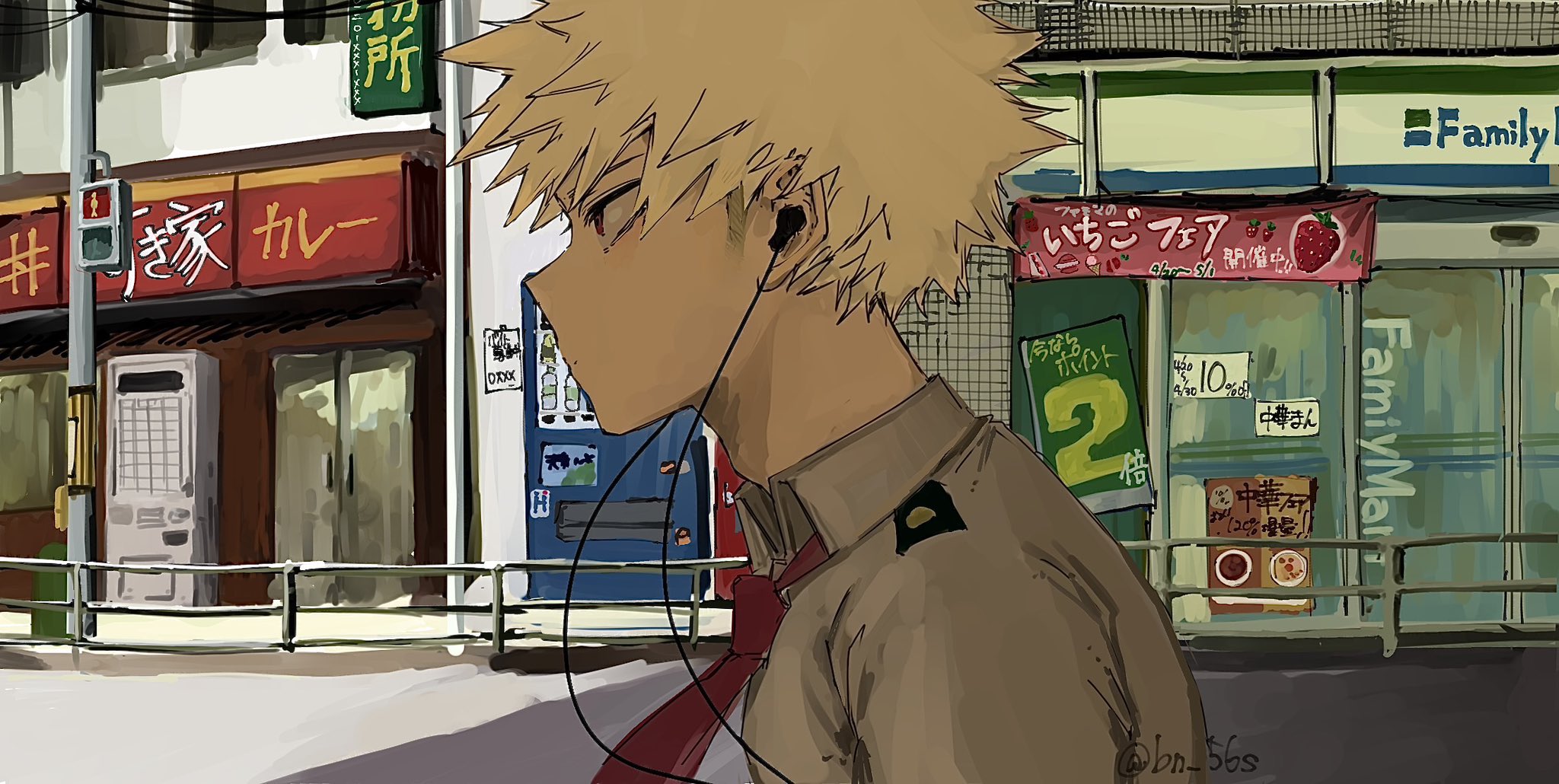 bakugou katsuki, boku no hero academia, highres, 1boy, blonde hair, bn 56s, collared shirt, earbuds, earphones, from side, male focus, necktie, outdoors, power lines, railing, red eyes, red necktie, shirt, short hair, solo, spiked hair, twitter username, upper body, utility pole, white shirt, wing collar