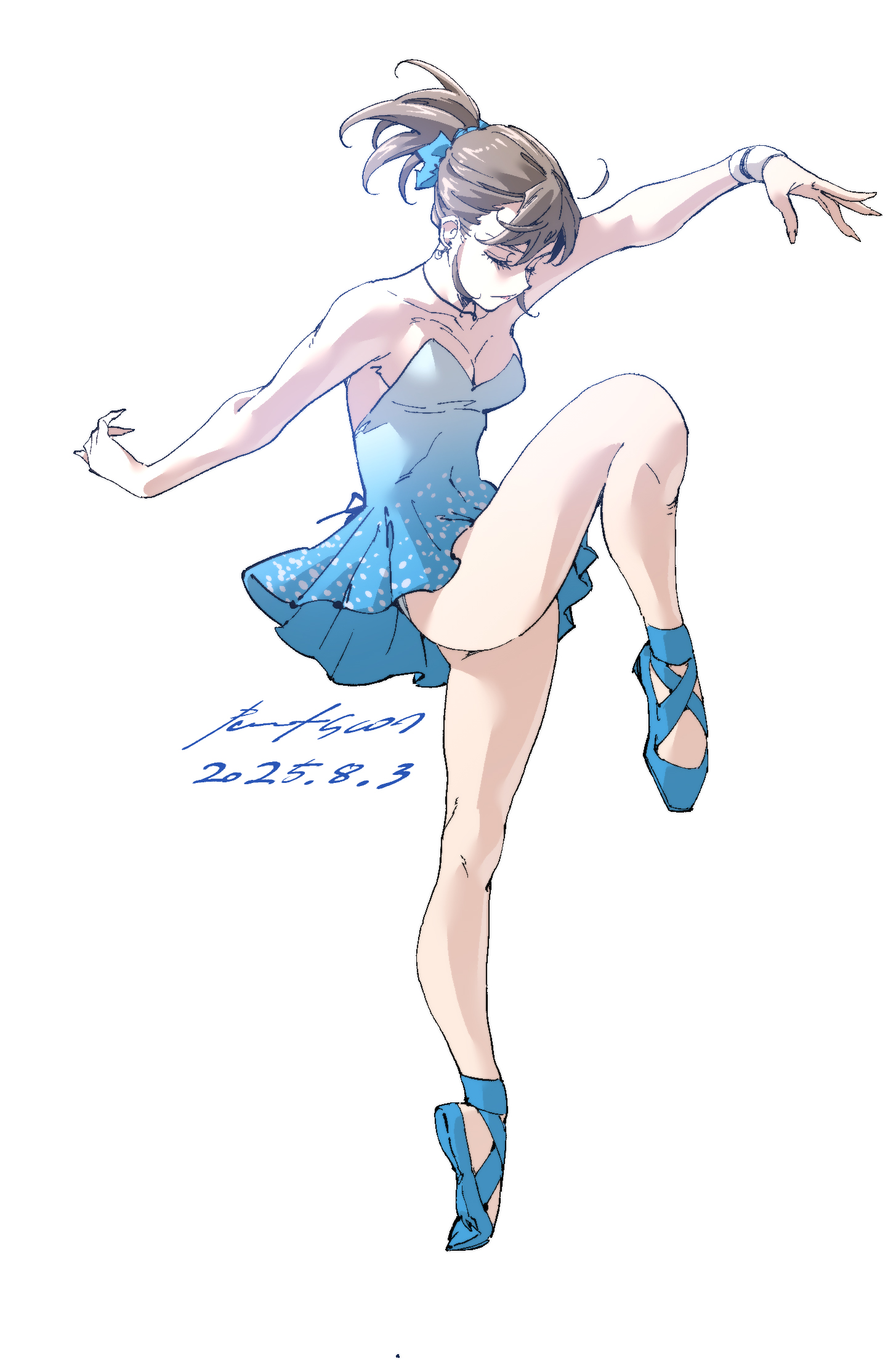nabipenciller, original, highres, 1girl, ballet, ballet slippers, bare shoulders, blue dress, breasts, brown hair, closed eyes, dress, earrings, en pointe, expressionless, full body, jewelry, ponytail, short dress, small breasts, solo, standing, standing on one leg