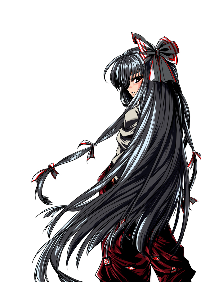 kiku hitomoji, tora tooru, toru tooru, fujiwara no mokou, touhou, silver hair, 1girl, female focus, hair ribbon, long hair, looking back, red eyes, ribbon, simple background, solo, suspenders