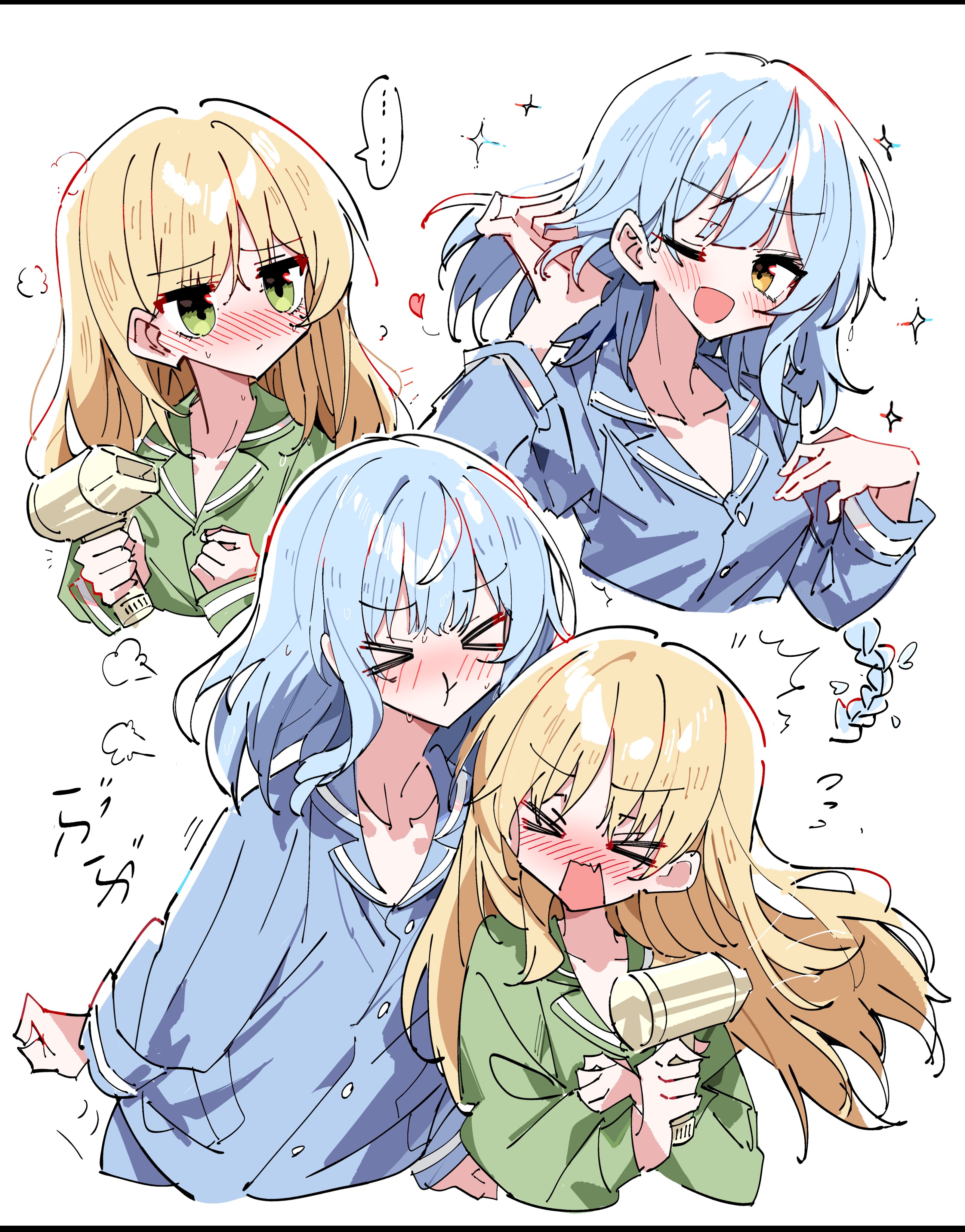 zhanzhangzlw, tachibana sherry, tono hanna, mahou shoujo no majo saiban, absurdres, chinese commentary, commentary request, highres, translation request, > <, 2girls, :d, alternate costume, blonde hair, blue hair, blue pajamas, blush, closed eyes, collared shirt, cropped torso, drying, drying hair, drying own hair, flying sweatdrops, green eyes, green pajamas, hair down, hair flip, heart, long hair, long sleeves, looking at another, multiple girls, multiple views, nose blush, open mouth, pajamas, pout, puff of air, shirt, simple background, smile, sparkle, upper body, white background, yellow eyes