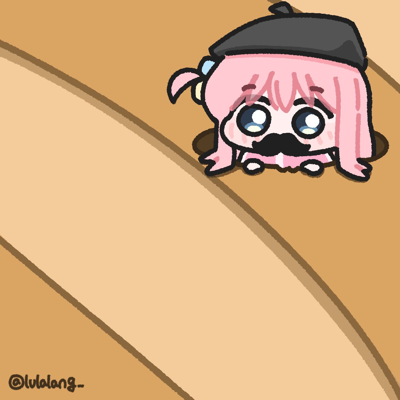 lulalang, gotoh hitori, bocchi the rock!, highres, 1girl, baguette, beret, black hat, blue eyes, bread, chibi, chibi only, fake facial hair, fake mustache, food, full body, hat, in food, jacket, long hair, looking at viewer, one side up, oversized food, oversized object, pink hair, pink jacket, solo