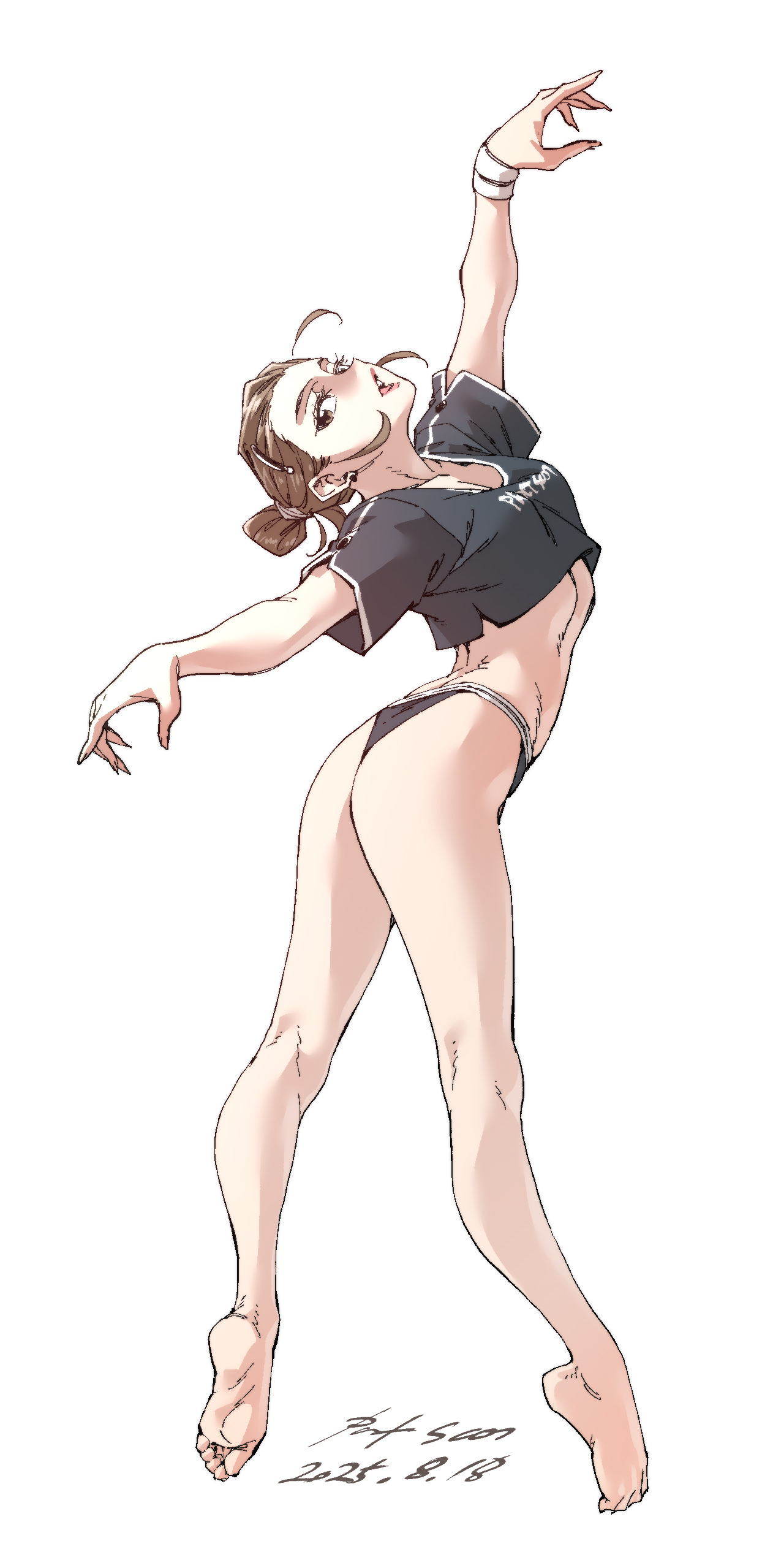 nabipenciller, original, absurdres, highres, 1girl, arm up, ass, barefoot, black panties, breasts, brown eyes, brown hair, en pointe, full body, looking at viewer, open mouth, panties, simple background, small breasts, solo, toes, underwear