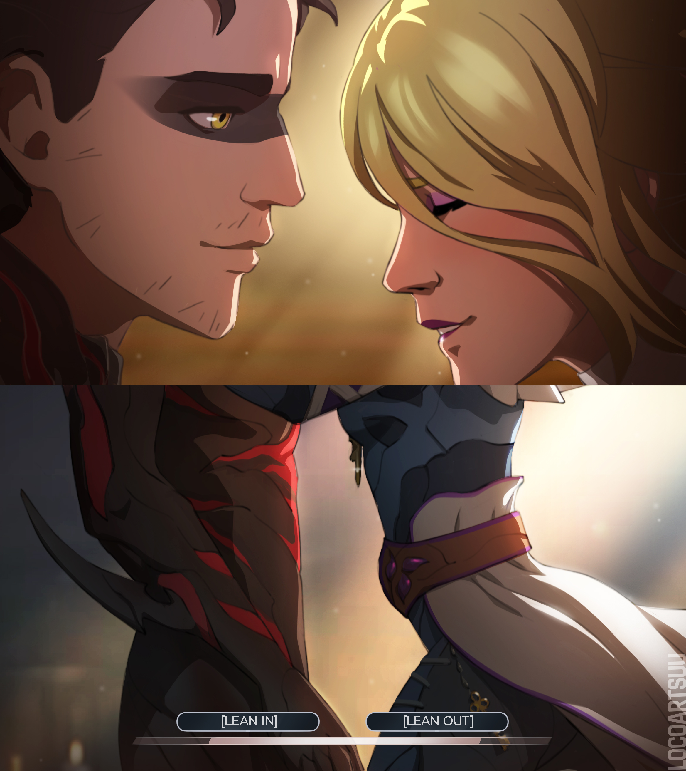 operator (warframe), wisp (warframe), dispatch, warframe, absurdres, highres, 1boy, 1girl, artist name, ass, beard, beard stubble, black bodysuit, blonde hair, bodysuit, brown hair, closed eyes, closed mouth, english text, eyeliner, facial hair, from side, gameplay mechanics, hetero, lipstick, locoartsuu, looking at another, makeup, marie leroux (warframe), pink eyeliner, stubble, warframe 1999, yellow eyes