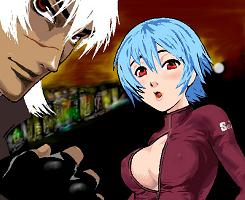 k' (kof), kula diamond, snk, the king of fighters, lowres, 1boy, 1girl, blood, interracial, moon, night, scar, short hair