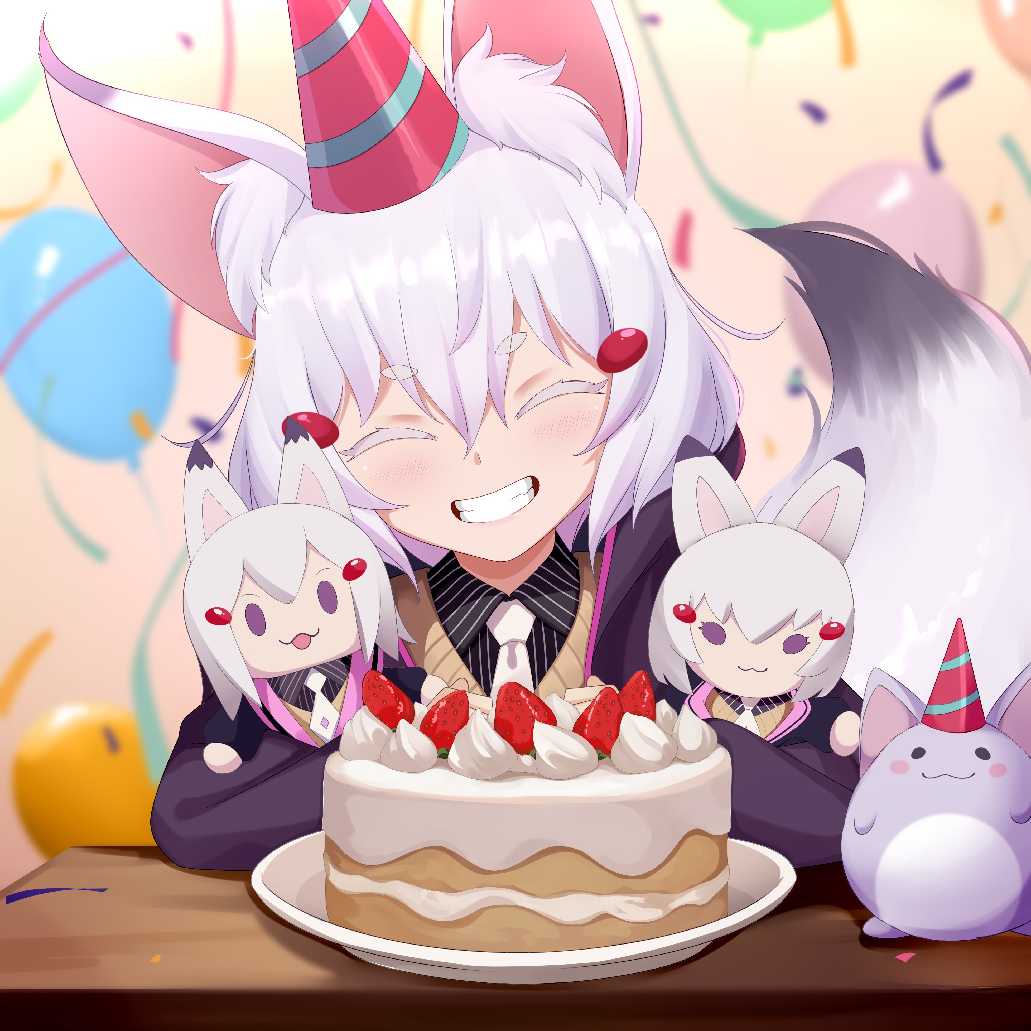 chenki (chenki), tenma maemi, phase connect, absurdres, commentary, english commentary, highres, 1girl, animal ear fluff, animal ears, balloon, black shirt, blurry, blurry background, cake, character doll, closed eyes, collared shirt, doll, facing viewer, food, fox ears, fox girl, fox tail, grin, hat, long sleeves, necktie, parted lips, party hat, shirt, smile, solo, streamers, striped clothes, striped shirt, tail, thick eyebrows, thick eyelashes, white necktie