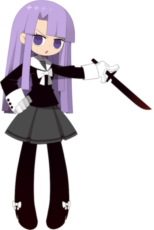 funamusea (artist), funamusea, official art, 1girl, black leggings, black shirt, bow, full body, gloves, grey skirt, hime cut, holding, holding weapon, if (funamusea), knife, leggings, long hair, purple eyes, purple hair, school uniform, shirt, simple background, skirt, solo, standing, weapon, white background, white bow, white gloves