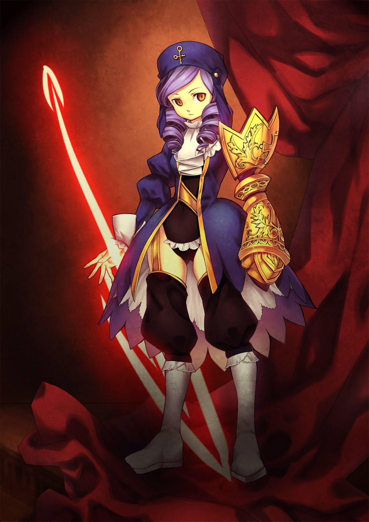 misti, dlanor a. knox, eiserne jungfrau, umineko no naku koro ni, highres, 00s, drill hair, gauntlets, hat, purple hair, solo, yellow eyes