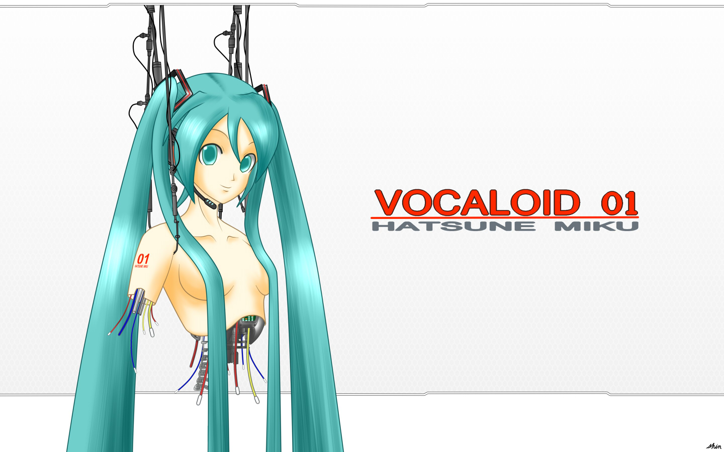 shin (shinobu40), hatsune miku, terminator: the sarah connor chronicles, terminator (series), terminator the sarah connor chronicles, the terminator, vocaloid, 00s, 1girl, android, aqua eyes, aqua hair, breasts, censored, convenient censoring, cyborg, female focus, green hair, hair censor, hair over breasts, long hair, looking at viewer, matching hair/eyes, mechabare, medium breasts, parody, solo, tattoo, twintails, upper body, very long hair