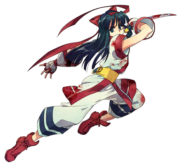 taki (nakochan), taki (pixiv), nakoruru, samurai spirits, snk, 1girl, black hair, blood, blood on clothes, blue eyes, bow, female focus, fingerless gloves, gloves, hair bow, hairband, japanese clothes, knife, long hair, red bow, reverse grip, ribbon, solo, weapon