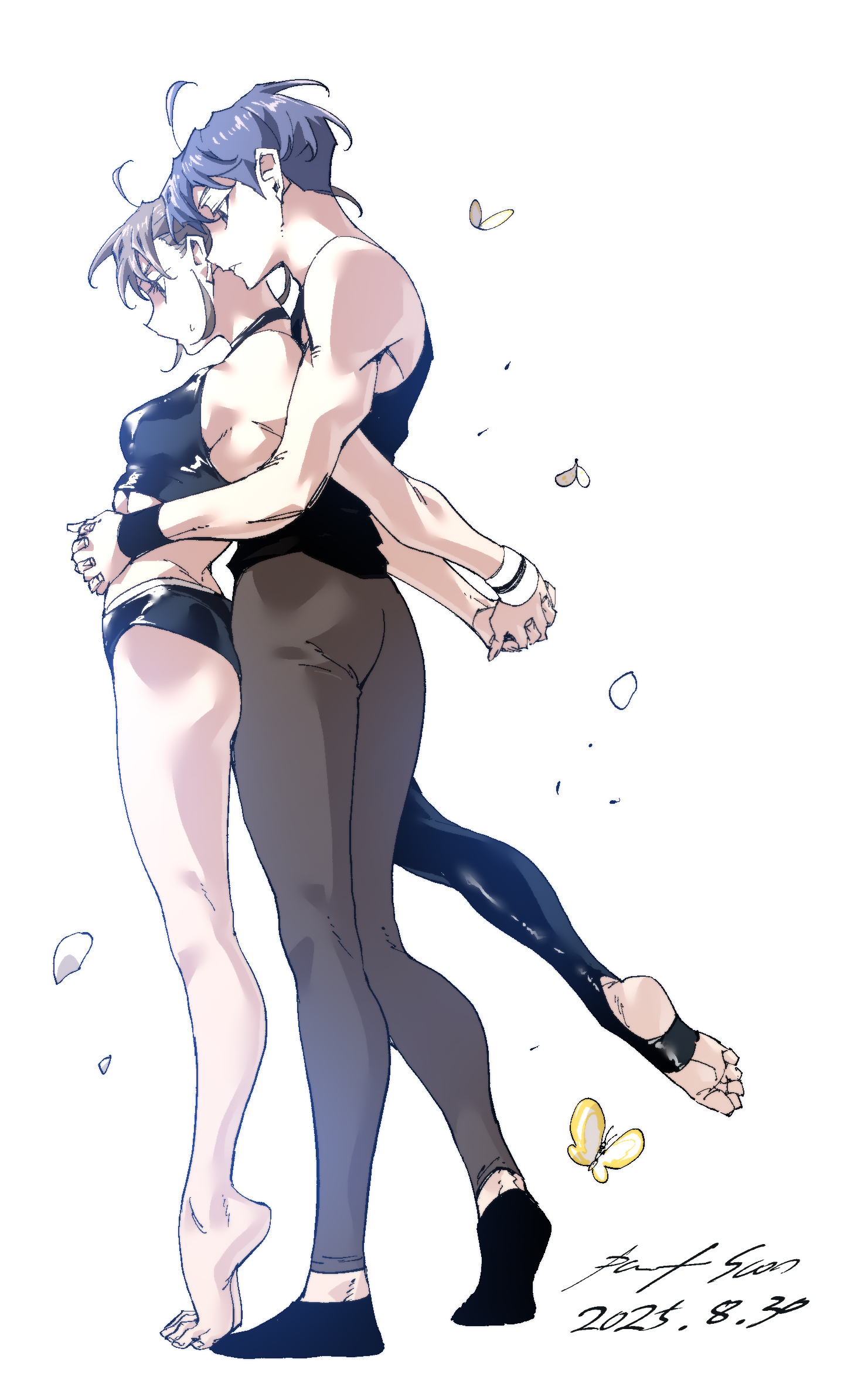 nabipenciller, original, highres, 1boy, 1girl, ass, asymmetrical clothes, barefoot, blue hair, breasts, bug, butterfly, full body, grey eyes, grey hair, hug, hug from behind, insect, interlocked fingers, leggings, medium breasts, single pantsleg, soles, stirrup legwear, toeless legwear, toes