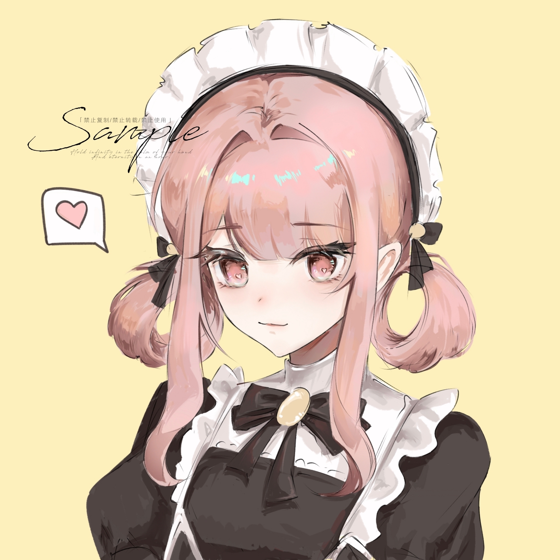 breezy tea time (infinity nikki), nikki (nikki), infinity nikki, nikki (series), chinese commentary, commentary request, commission, highres, 1girl, apron, black bow, black bowtie, black dress, blunt bangs, bow, bowtie, brooch, closed mouth, dot nose, dress, duifangzhengzaishuru82069, eyelashes, frilled apron, frills, hair bobbles, hair bow, hair ornament, hair rings, happy, heart, jewelry, light blush, light smile, lips, looking at viewer, maid, maid headdress, pink eyes, pink hair, puffy short sleeves, puffy sleeves, sample watermark, shirt, shirt under dress, short hair with long locks, short sleeves, sidelocks, simple background, solo, speech bubble, spoken heart, turtleneck, turtleneck shirt, upper body, watermark, wavy hair, white apron, white shirt, yellow background