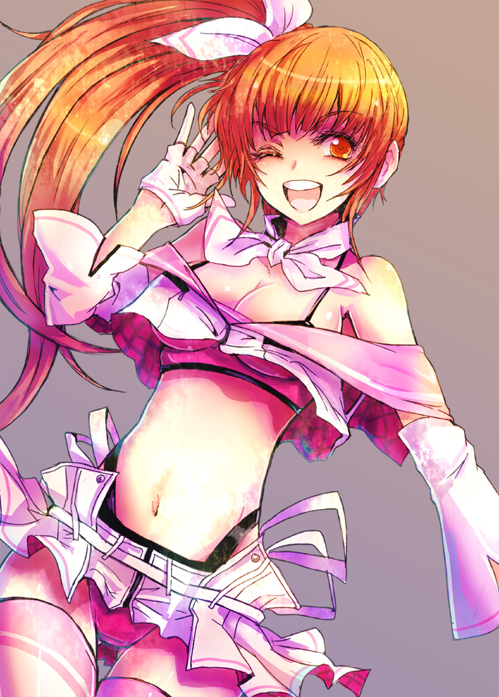 kara (color), baek changpo, senkou no ronde, 1girl, breasts, cleavage, female focus, fingerless gloves, gloves, gluteal fold, long hair, matching hair/eyes, midriff, navel, one eye closed, orange eyes, orange hair, panties, side ponytail, solo, thighhighs, underwear, wink