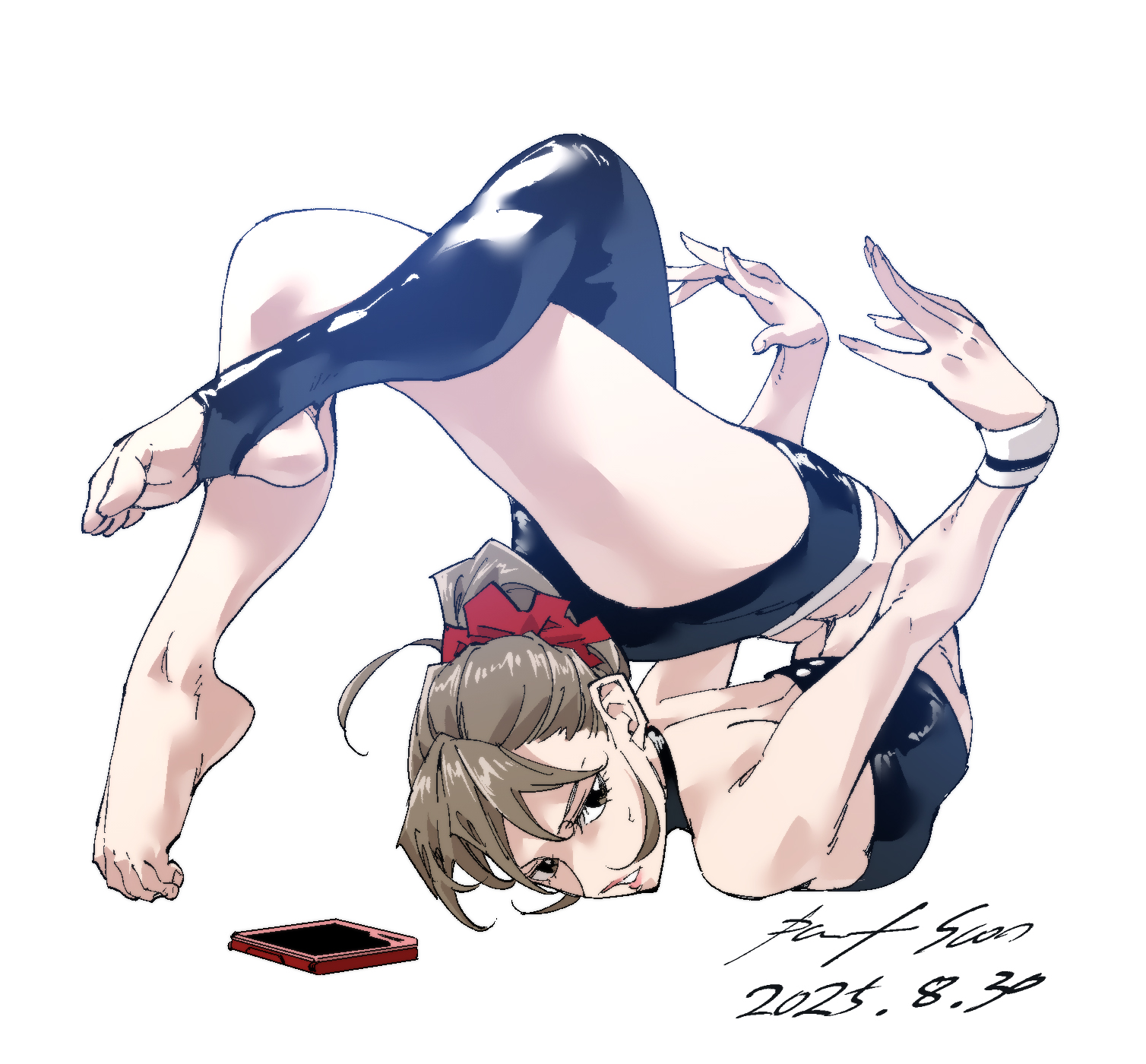 nabipenciller, original, highres, 1girl, ass, asymmetrical clothes, backbend, barefoot, breasts, contortion, crossed legs, exercising, flexible, full body, grey eyes, grey hair, looking at viewer, parted lips, single pantsleg, small breasts, soles, solo, stirrup legwear, sweat, toeless legwear, toes, top-down bottom-up