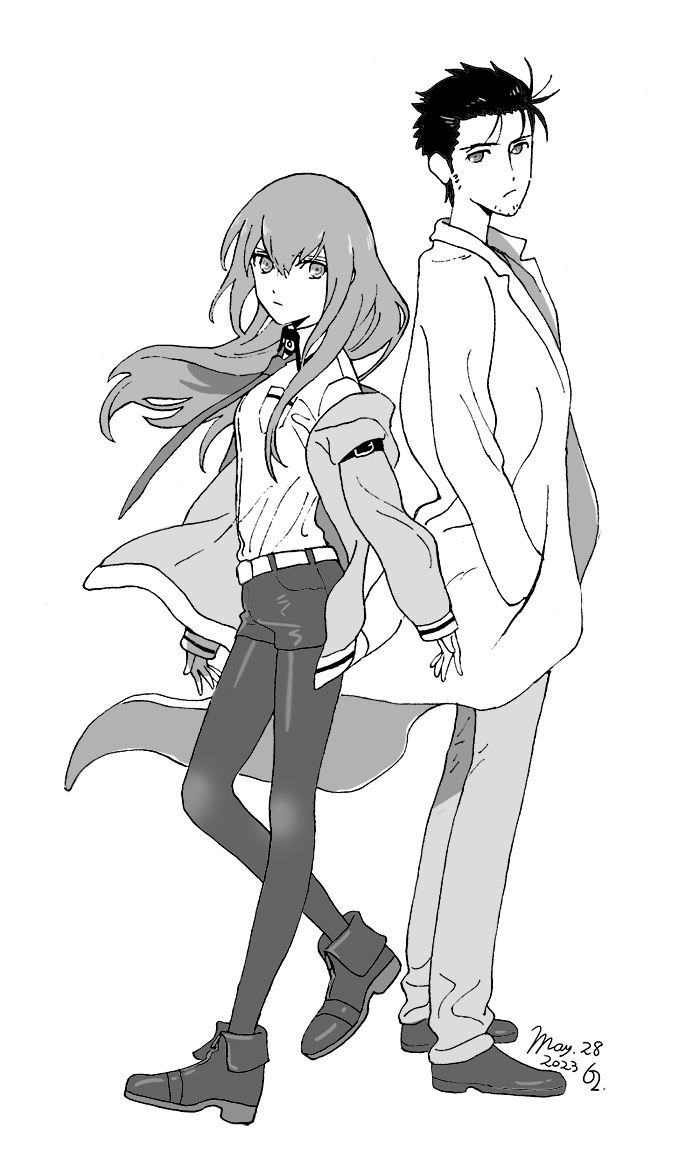 rocni, makise kurisu, okabe rintarou, science adventure, steins;gate, commentary request, 1boy, 1girl, 2023, adam's apple, arm belt, back-to-back, beard stubble, belt, black hair, black pantyhose, black shorts, breast pocket, breasts, brown hair, brown jacket, brown pants, collarbone, collared shirt, dated, facial hair, full body, greyscale, hair between eyes, hair over shoulder, jacket, jacket partially removed, lab coat, lapels, leather belt, long hair, long sleeves, looking at viewer, messy hair, monochrome, necktie, notched lapels, open clothes, pants, pantyhose, pocket, shirt, shorts, simple background, small breasts, standing, stubble, t-shirt, white belt, white shirt
