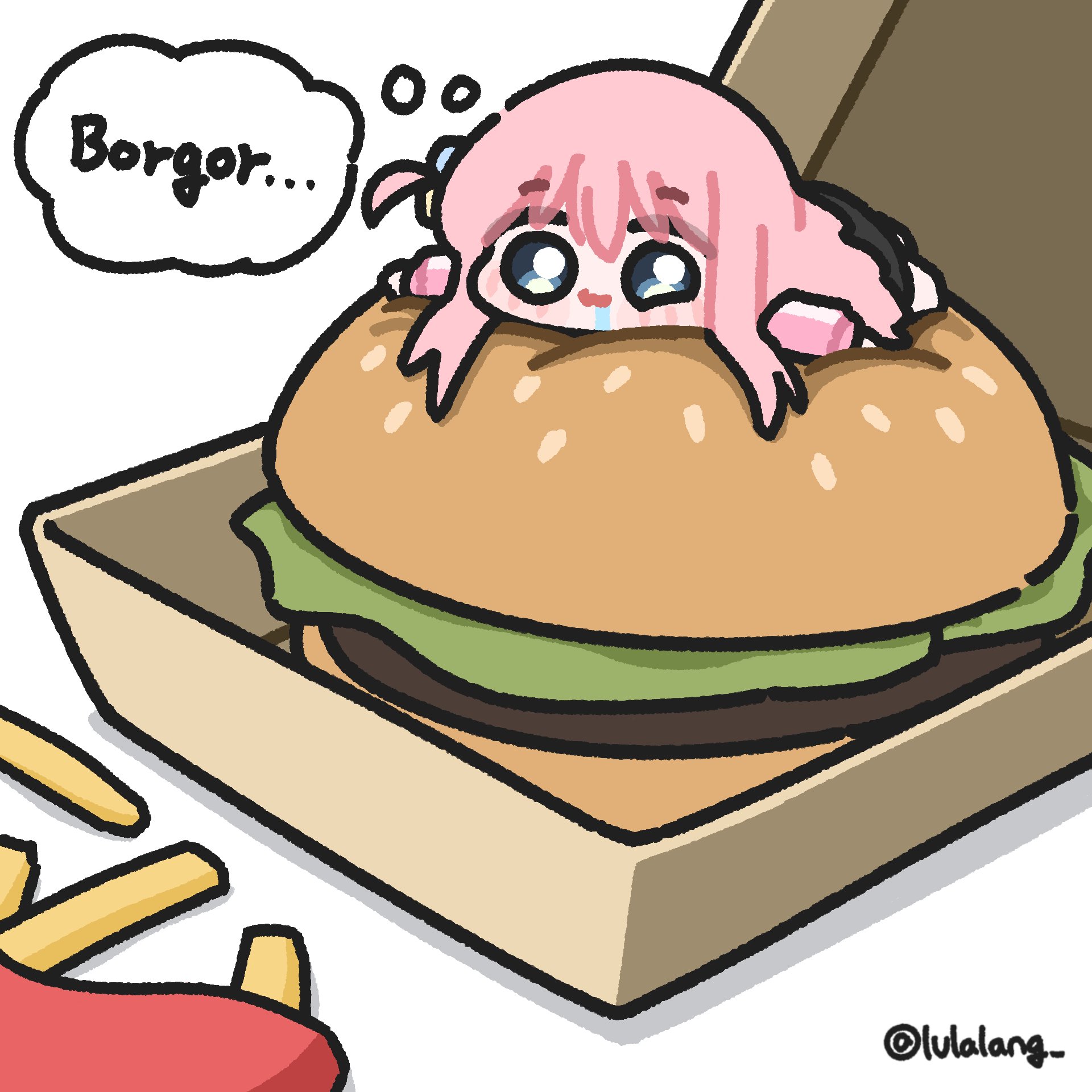lulalang, gotoh hitori, bocchi the rock!, commentary, highres, symbol-only commentary, 1girl, black skirt, blue eyes, burger, chibi, chibi only, closed mouth, drooling, food, french fries, full body, hungry, jacket, long hair, looking at viewer, lying, mini person, minigirl, on food, on stomach, one side up, pink hair, pink jacket, saliva, simple background, skirt, smile, solo, speech bubble, thought bubble, white background