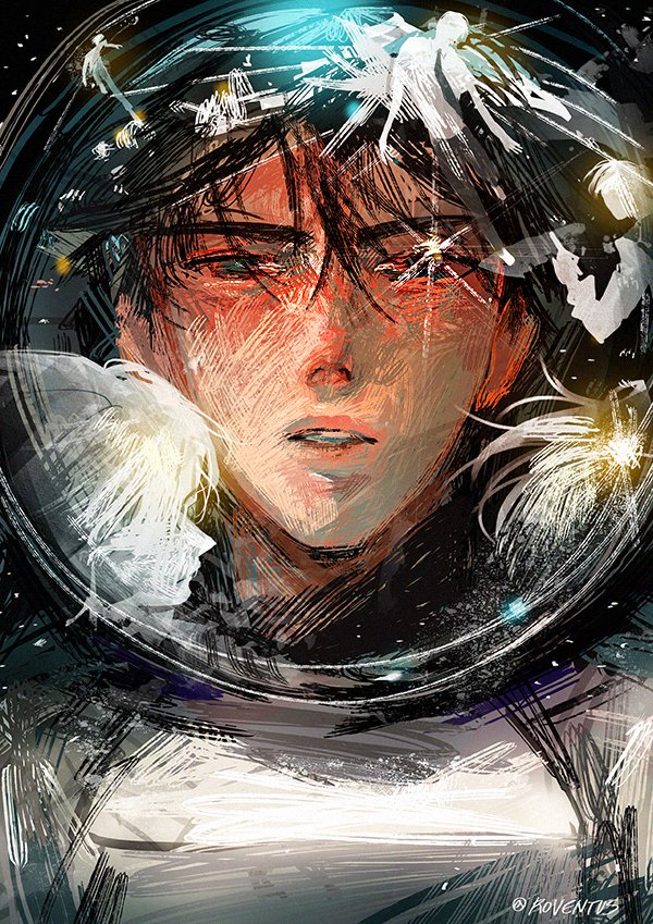 kim dokja, yoo joonghyuk, omniscient reader's viewpoint, commentary request, korean commentary, 1boy, 4others, astronaut, black eyes, black hair, bloodshot eyes, hatching (texture), helmet, looking at viewer, male focus, multiple others, official alternate costume, paper texture, parted lips, reflection, roventus, short hair, sky, solo, space helmet, spacesuit, star (sky), starry sky, upper body