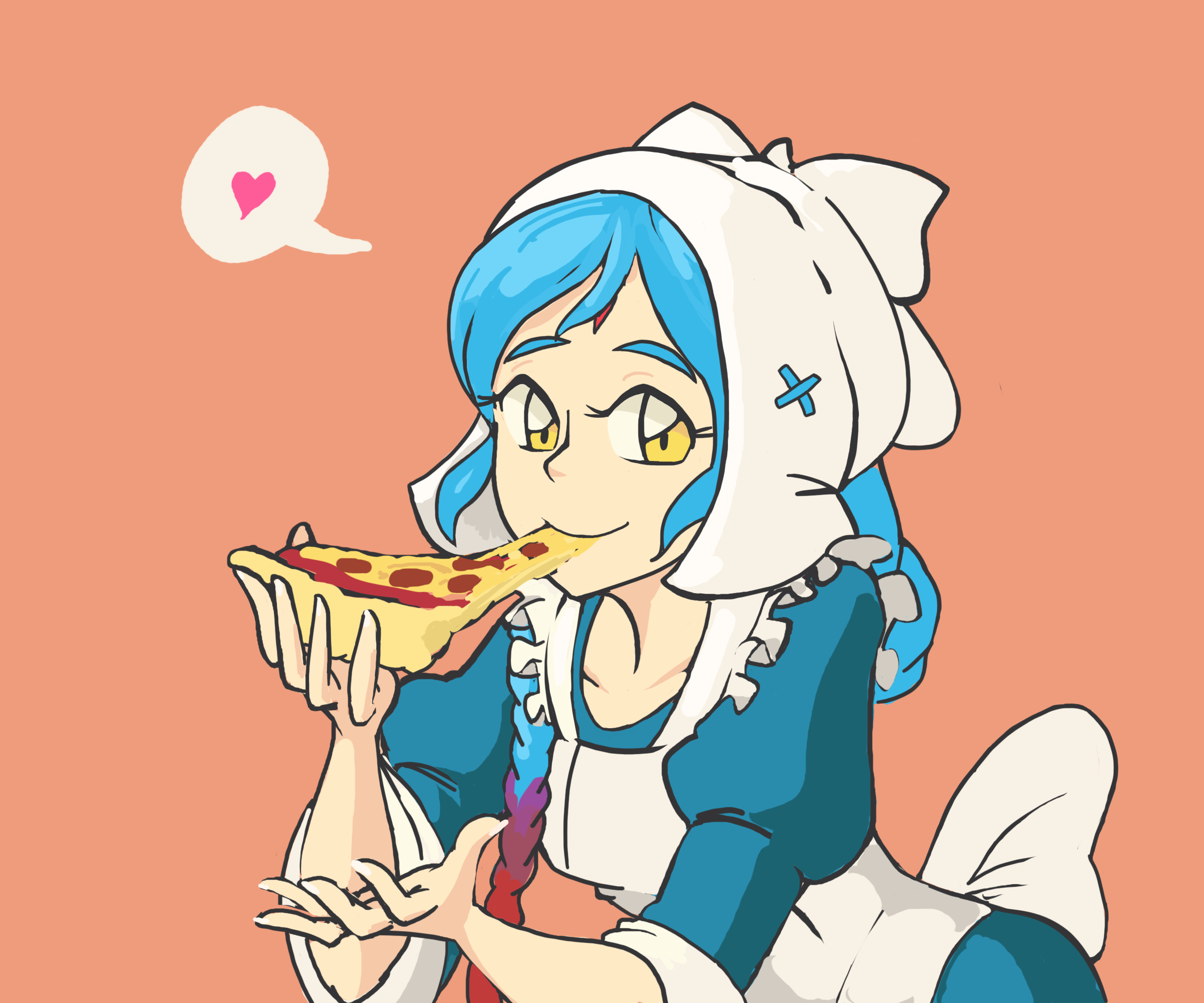 davewaterfalls, lilith (fire emblem), fire emblem, fire emblem fates, nintendo, 1girl, apron, blue hair, braid, braided ponytail, dragon girl, eating, food, heart, looking at viewer, maid, maid apron, maid headdress, multicolored hair, pizza, red hair, simple background, solo, speech bubble, two-tone hair, yellow eyes