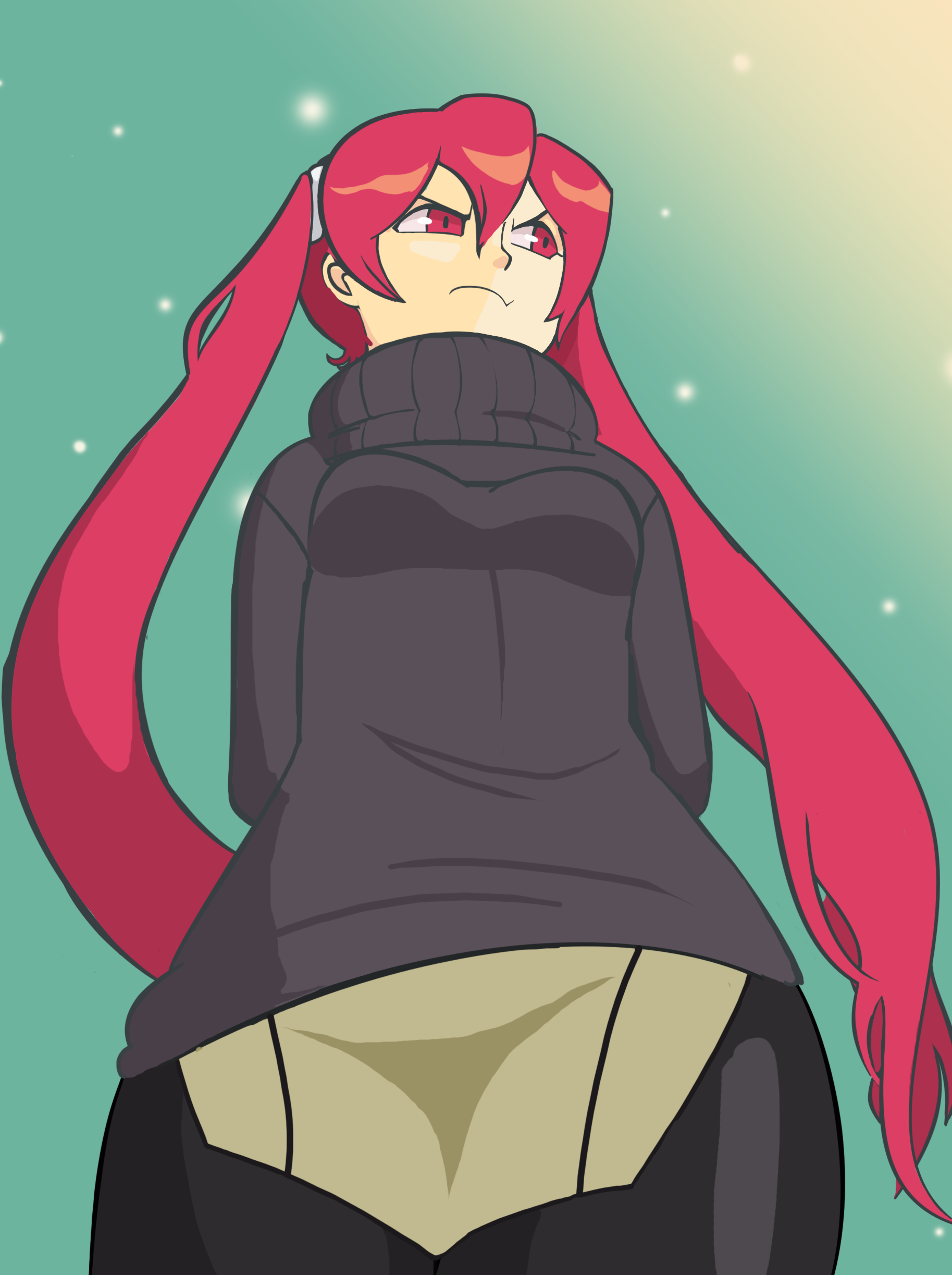 davewaterfalls, severa (fire emblem), fire emblem, fire emblem awakening, nintendo, arms behind back, breasts, from below, outdoors, red eyes, red hair, small breasts, snow, sweater, turtleneck, turtleneck sweater, twintails