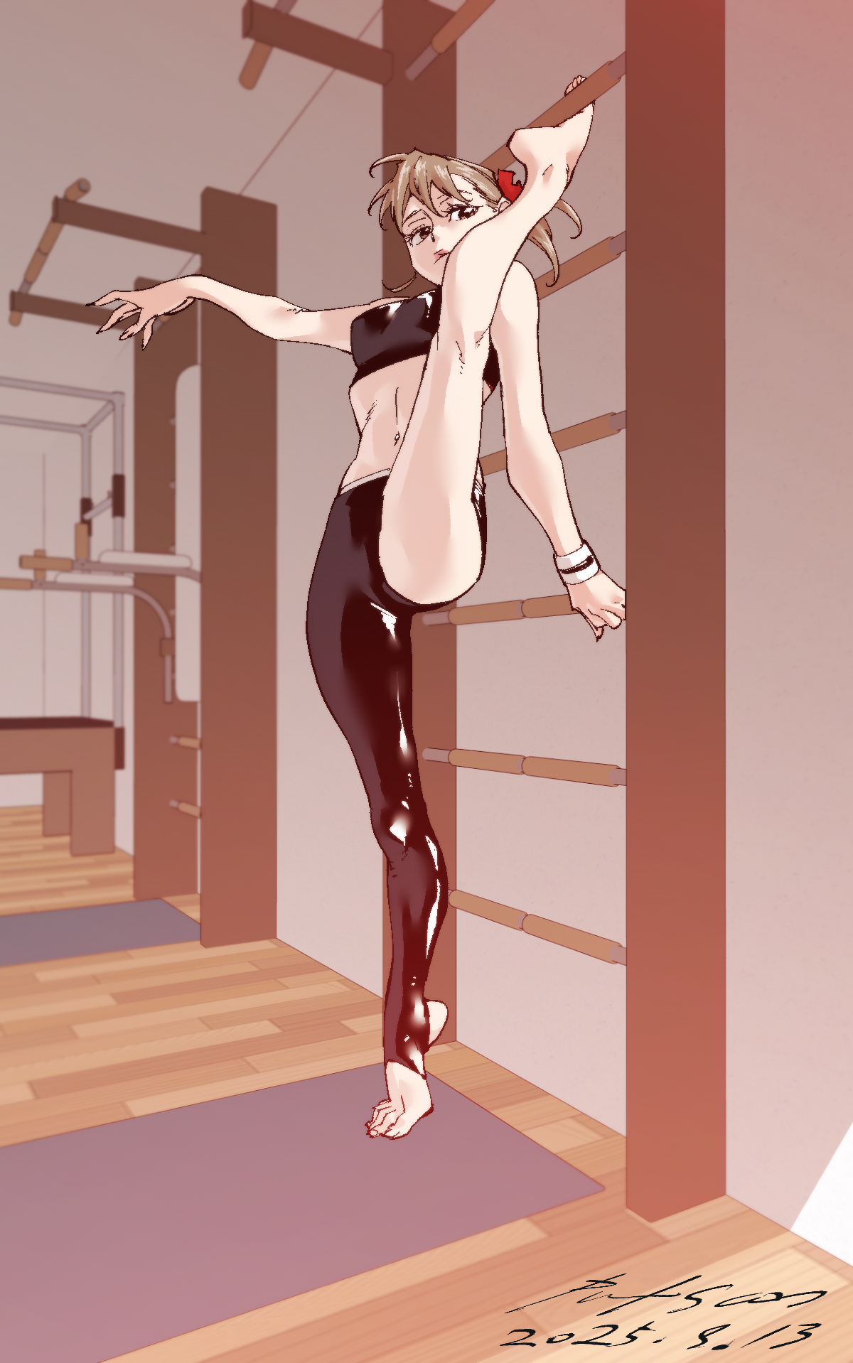 nabipenciller, original, highres, 1girl, asymmetrical clothes, barefoot, breasts, brown eyes, brown hair, expressionless, flexible, indoors, leg up, single pantsleg, small breasts, solo, split, standing, standing on one leg, standing split, stirrup legwear, stretching, toeless legwear