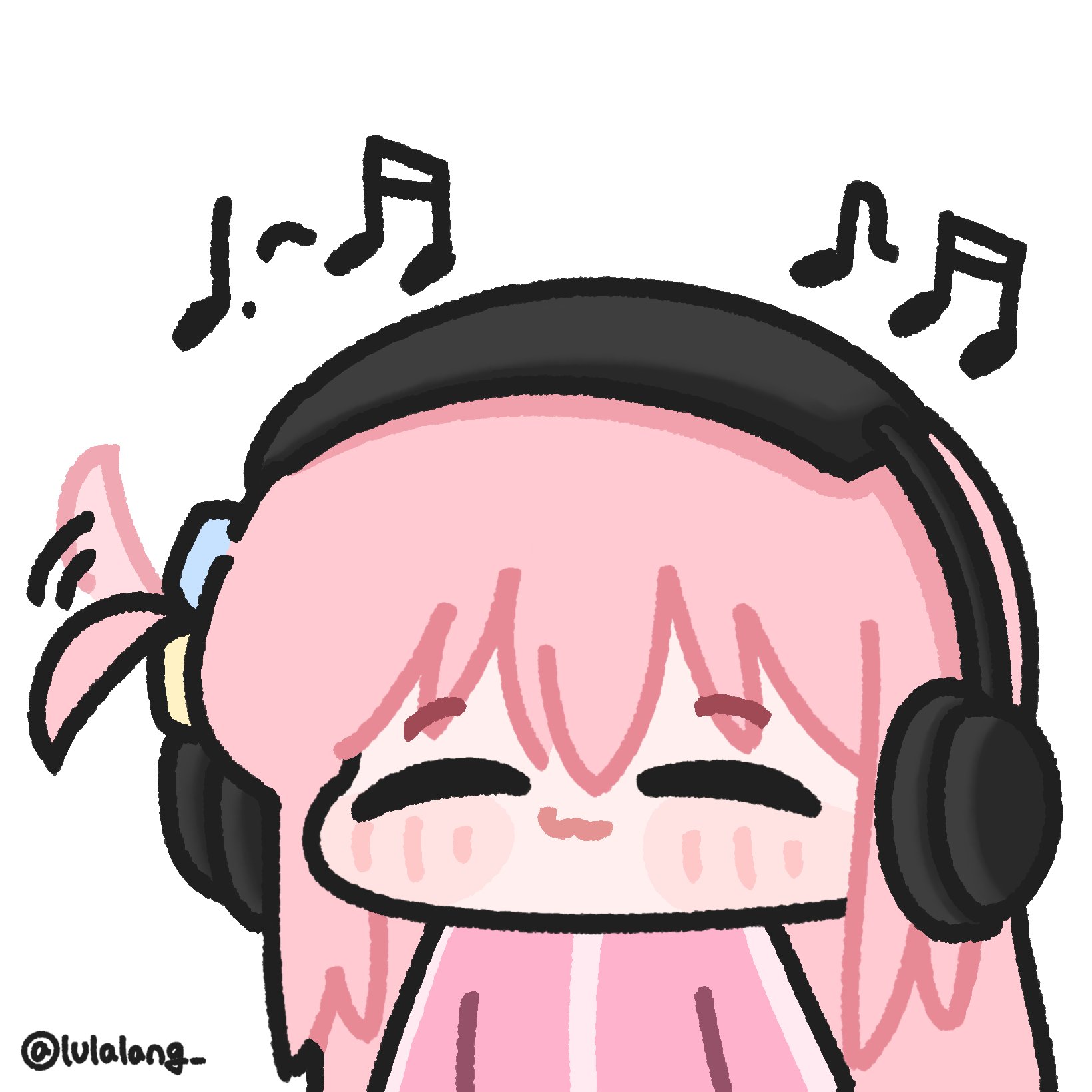 lulalang, gotoh hitori, bocchi the rock!, commentary, highres, symbol-only commentary, 1girl, chibi, chibi only, closed eyes, closed mouth, facing viewer, hair wagging, headphones, jacket, listening to music, long hair, musical note, one side up, pink hair, pink jacket, simple background, smile, solo, upper body, white background