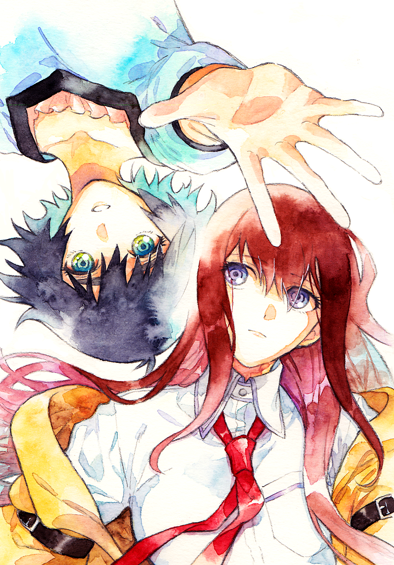 rocni, makise kurisu, shiina mayuri, science adventure, steins;gate, commentary request, 2girls, aqua eyes, arm belt, black hair, blue dress, blue eyes, breasts, brown jacket, collarbone, dress, expressionless, floating clothes, floating neckwear, grin, jacket, long hair, looking at another, looking at viewer, lying, multiple girls, necktie, on back, open clothes, open mouth, parted lips, pink frills, purple eyes, purple trim, reaching, reaching towards viewer, red hair, red necktie, shirt, short hair, small breasts, smile, upside-down