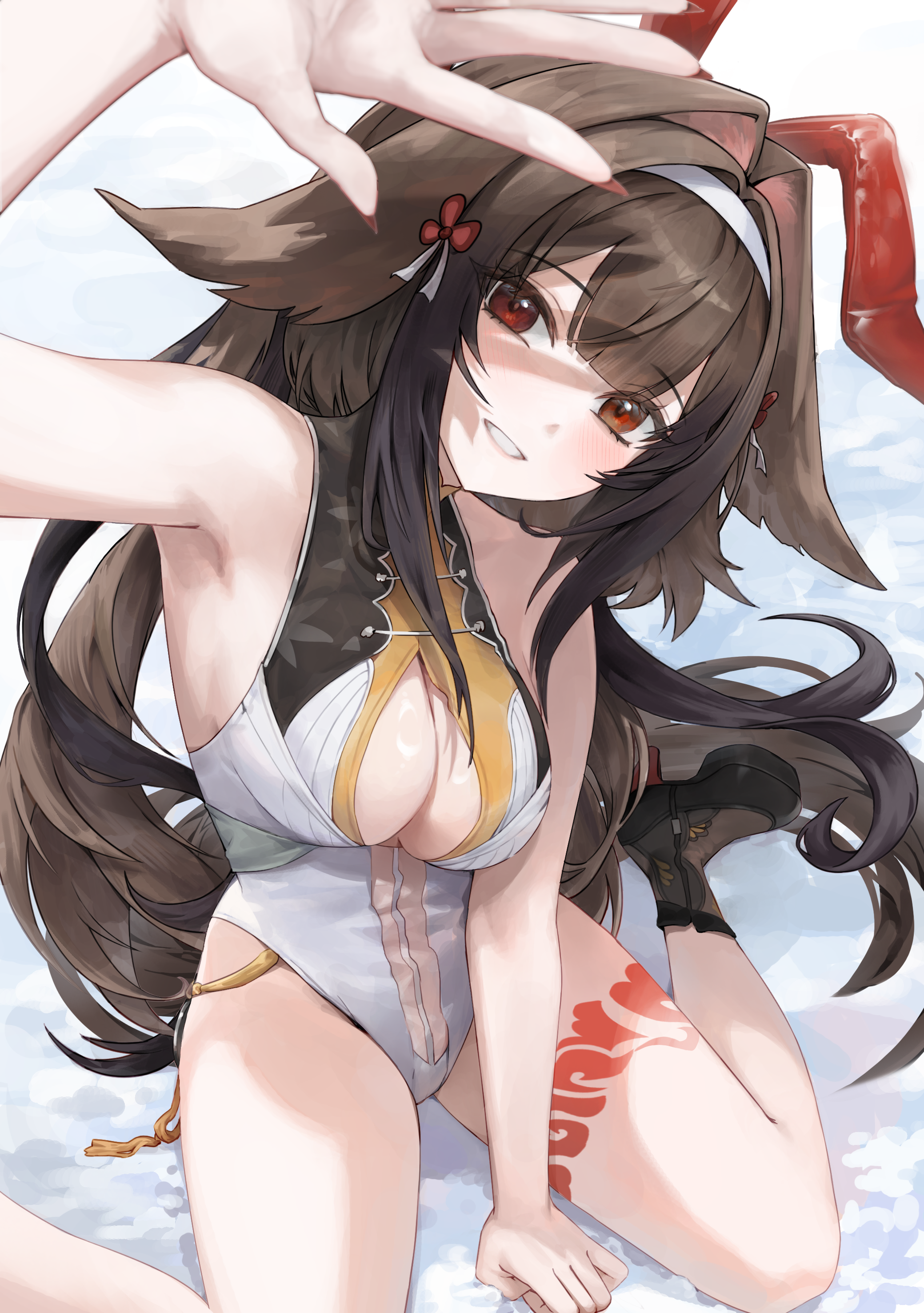 malsuk, ye shunguang, zenless zone zero, absurdres, commentary, highres, 1girl, adapted costume, animal ears, arm up, bare shoulders, body markings, breasts, brown hair, cleavage, fake animal ears, fingernails, hair flaps, hair intakes, hair ornament, hairband, large breasts, leotard, long fingernails, long hair, looking at viewer, nail polish, parted lips, rabbit ears, red eyes, red nails, sharp fingernails, sitting, smile, solo, thighs, wariza, white hairband, white leotard