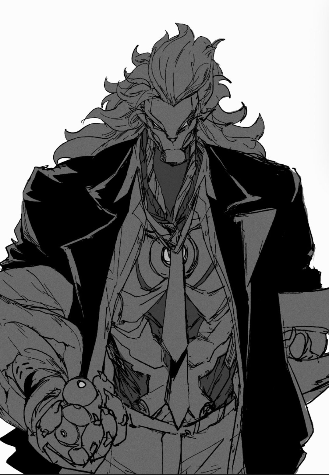 hana bingo, banyue (zenless zone zero), zenless zone zero, commentary, highres, symbol-only commentary, 1boy, alternate costume, artificial eye, black jacket, claws, clothed robot, greyscale, humanoid robot, jacket, long hair, male focus, mechanical eye, mechanical hands, metal skin, monochrome, necktie, open clothes, orb, robot, robot boy, simple background, sketch, solo, upper body, white background