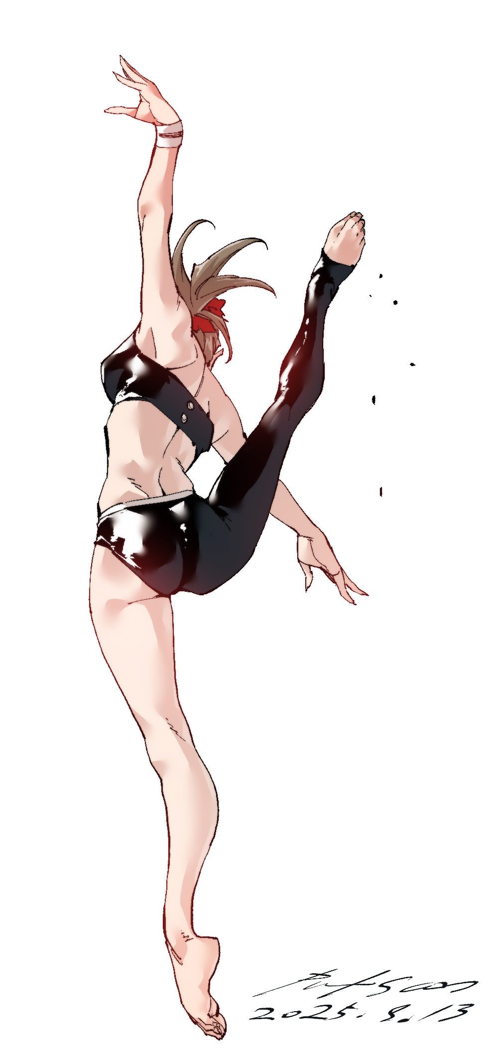 nabipenciller, original, highres, 1girl, arm up, ass, asymmetrical clothes, back, barefoot, brown hair, crop top, exercising, facing away, from behind, full body, jumping, ponytail, simple background, single pantsleg, solo, split, stirrup legwear, toeless legwear, white background