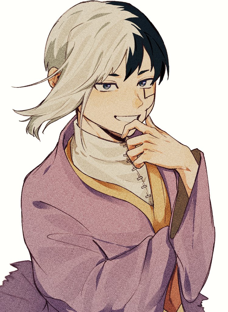 0a 9 (pixiv82791714), asagiri gen, dr. stone, 1boy, asymmetrical hair, black hair, blue eyes, coat, crossed arms, facial mark, grin, hand on own chin, hand on own face, hand up, jacket, japanese clothes, kimono, light smile, long sleeves, looking at viewer, male focus, multicolored hair, pink kimono, purple coat, purple jacket, shirt, short hair, simple background, smile, smirk, solo, split-color hair, turtleneck, turtleneck shirt, two-tone hair, upper body, white background, white hair, white shirt, wind