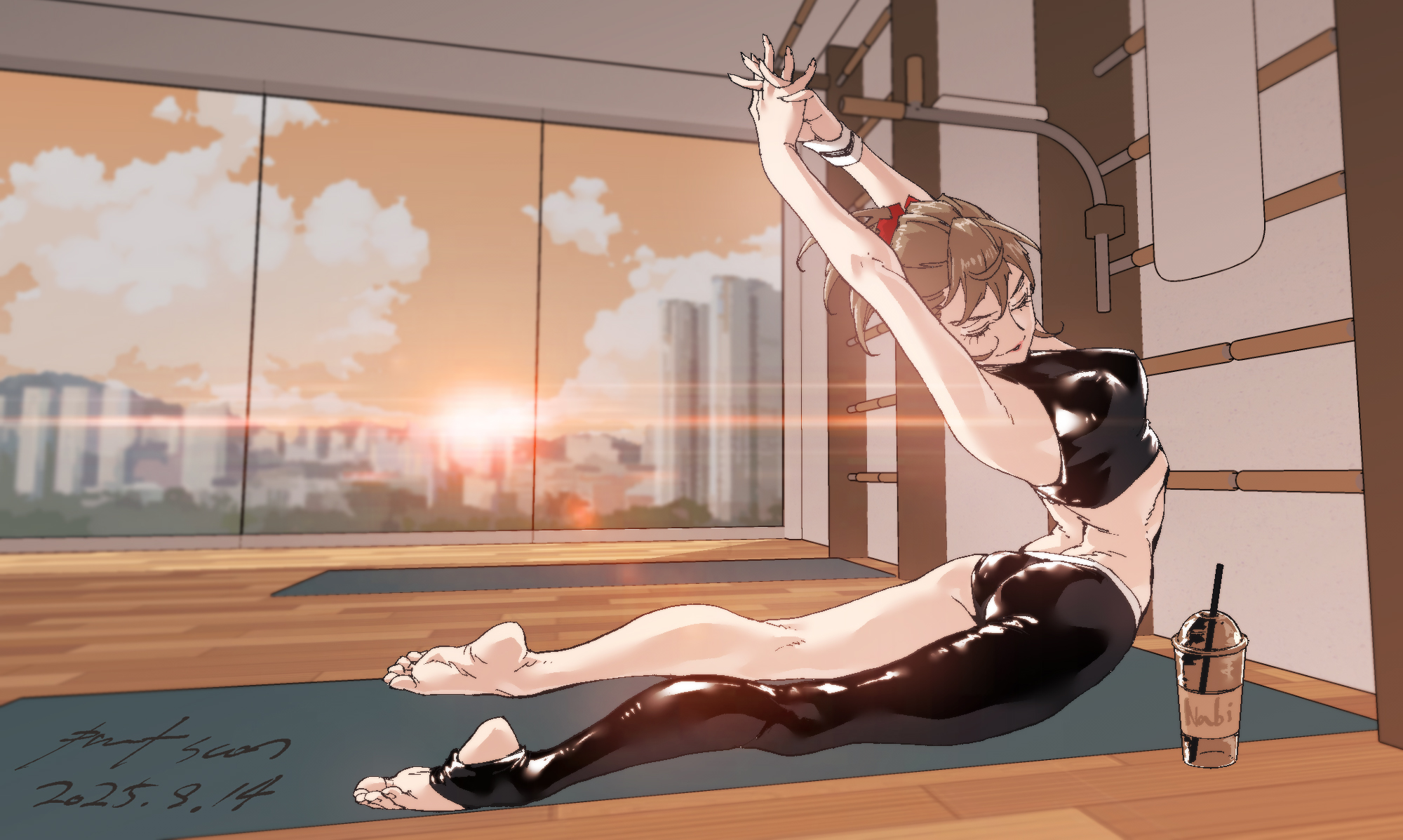 nabipenciller, original, highres, 1girl, arched back, ass, asymmetrical clothes, barefoot, breasts, brown hair, closed eyes, crop top, drink, flexible, full body, indoors, legs, ponytail, single pantsleg, small breasts, solo, stretching, twilight, window