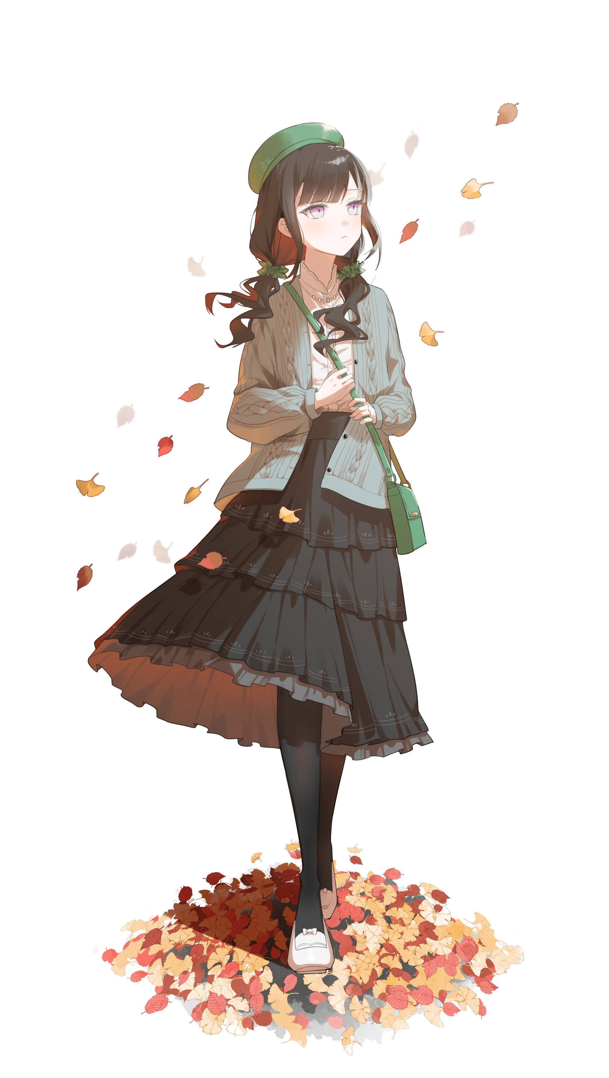 kurobe nanoka, book off, mahou shoujo no majo saiban, absurdres, commentary request, highres, 1girl, amanashi (amns oekaki), autumn leaves, black hair, black pantyhose, black skirt, closed mouth, full body, green bag, green hat, hair ornament, hair scrunchie, hat, leaf, long hair, long sleeves, looking to the side, low twintails, official alternate costume, official alternate hairstyle, pantyhose, scrunchie, shirt, shoes, skirt, solo, twintails, walking, white shirt, white shoes