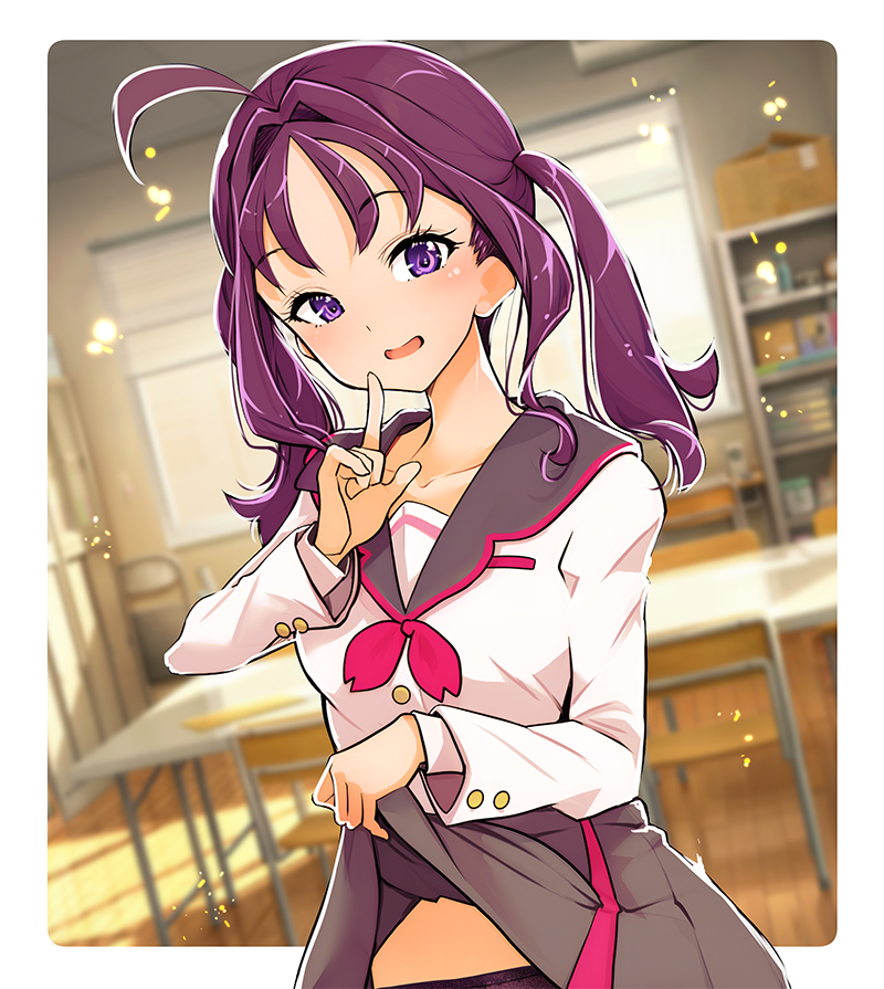 hamuhamu, shigure kokoro, kimi to idol precure, precure, commentary request, partial commentary, 1girl, ahoge, black panties, blurry, blurry background, classroom, clothes lift, day, grey sailor collar, grey skirt, hanamichi middle school uniform, index finger raised, indoors, lifting own clothes, light particles, long sleeves, looking at viewer, medium hair, miniskirt, neckerchief, open mouth, panties, pleated skirt, purple eyes, purple hair, red neckerchief, sailor collar, school uniform, shirt, skirt, skirt lift, smile, solo, standing, twintails, underwear, white shirt