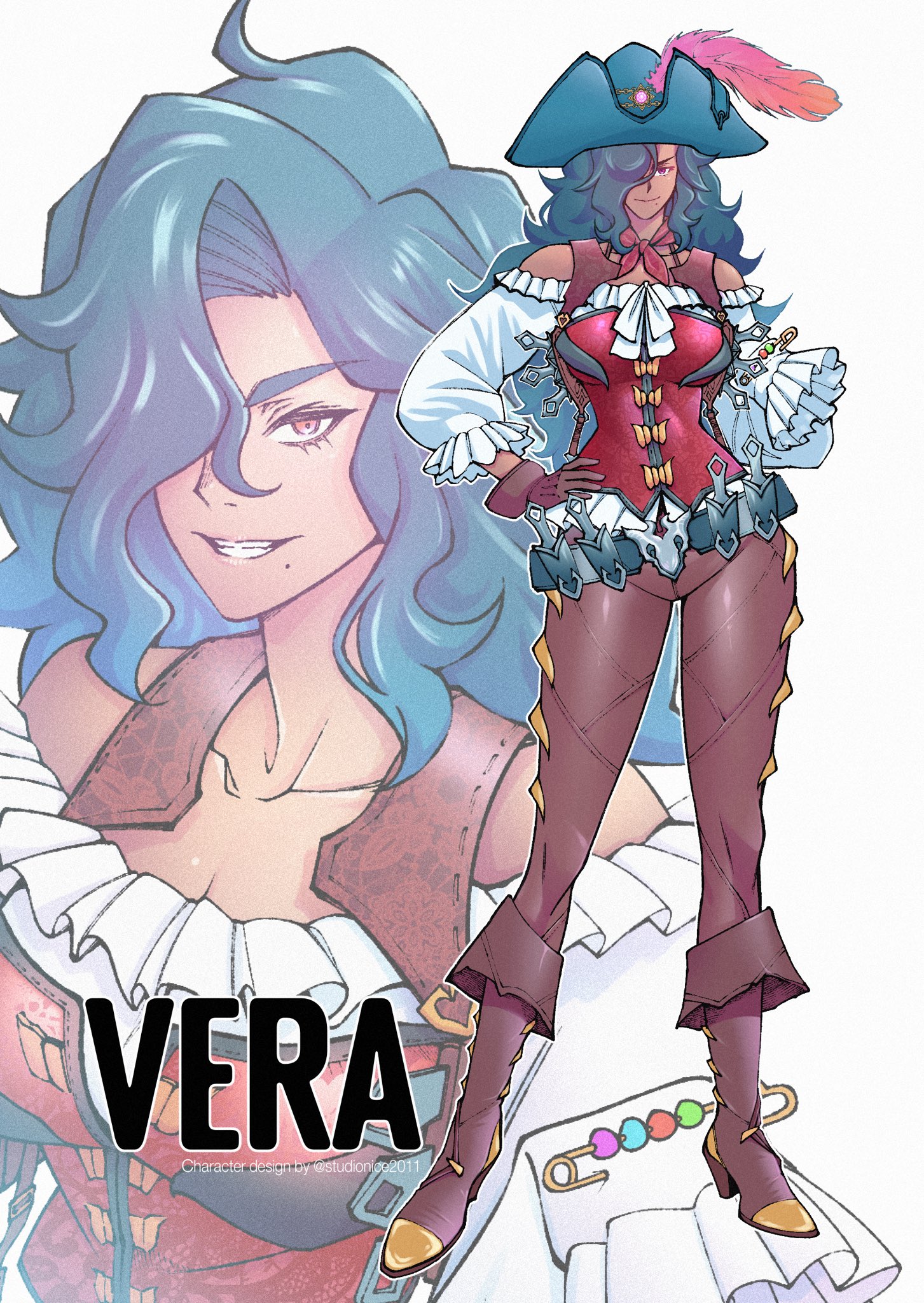 studionice2011, original, commentary, commission, english commentary, highres, 1girl, belt, bicorne, blue belt, blue hair, blue hat, boots, breasts, brown boots, brown gloves, brown pants, character name, cleavage, closed mouth, collarbone, dark-skinned female, dark skin, frilled shirt, frills, full body, gloves, hair over one eye, hand on own hip, hat, long hair, long sleeves, looking at viewer, medium breasts, mole, mole under mouth, multiple views, one eye covered, pants, parted bangs, pirate, red eyes, red shirt, shirt, smile, two-tone shirt, white shirt