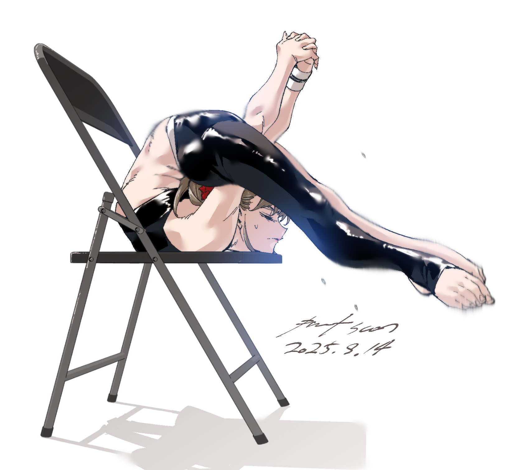 nabipenciller, original, highres, 1girl, asymmetrical clothes, backbend, barefoot, chair, closed eyes, contortion, crop top, exercising, flexible, full body, interlocked fingers, own hands together, simple background, single pantsleg, solo, stirrup legwear, sweat, toeless legwear, toes, white background