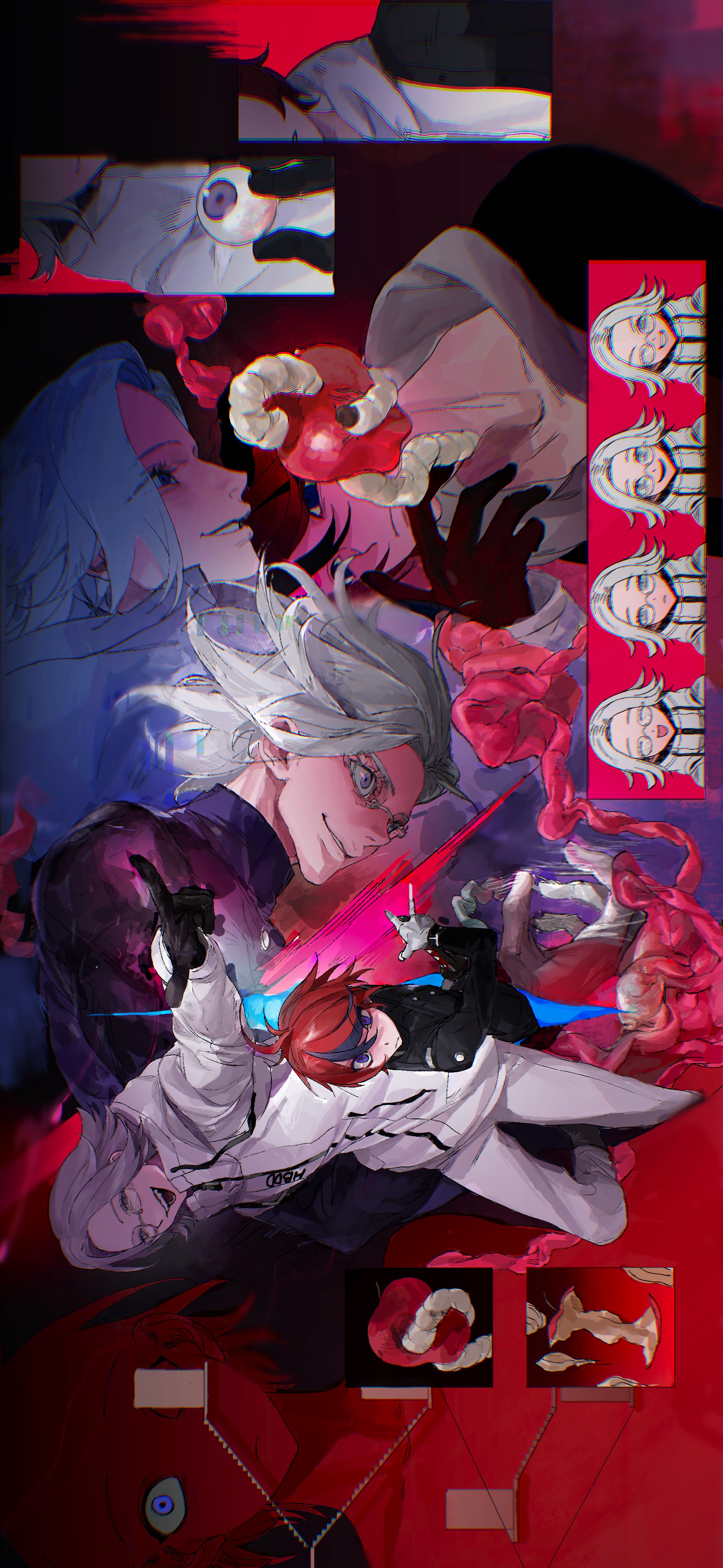 a qing o, aotsuki eito, sumino takumi, the hundred line -last defense academy-, absurdres, commentary, highres, spoilers, symbol-only commentary, 2boys, :d, ahoge, apple, apple core, black gloves, black jacket, black streaks, blue eyes, doorway, evil grin, evil smile, eyeball, food, fruit, gakuran, glasses, gloves, grey hair, grey jacket, grin, holding, holding eyeball, hood, hoodie, jacket, jacket over hoodie, last defense academy school uniform, male focus, multicolored hair, multiple boys, multiple views, one eye closed, open mouth, organs, purple eyes, red hair, school uniform, short hair, sideways, smile, stairs, streaked hair, white gloves, white hoodie, white jacket, wide-eyed, worm