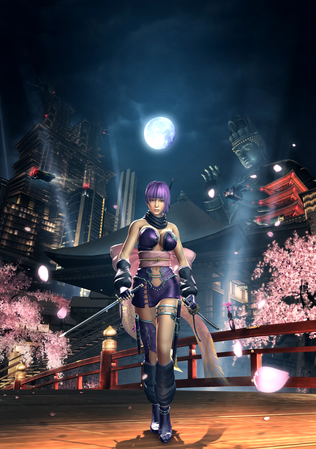 ayane (doa), dead or alive, ninja gaiden, ninja gaiden sigma 2, highres, official art, 1girl, 3d, anklet, bow, breasts, bridge, building, cherry blossoms, city, female focus, huge breasts, jewelry, katana, kunai, large breasts, moon, ninja, purple hair, red eyes, scarf, skirt, skyscraper, solo, statue, sword, weapon