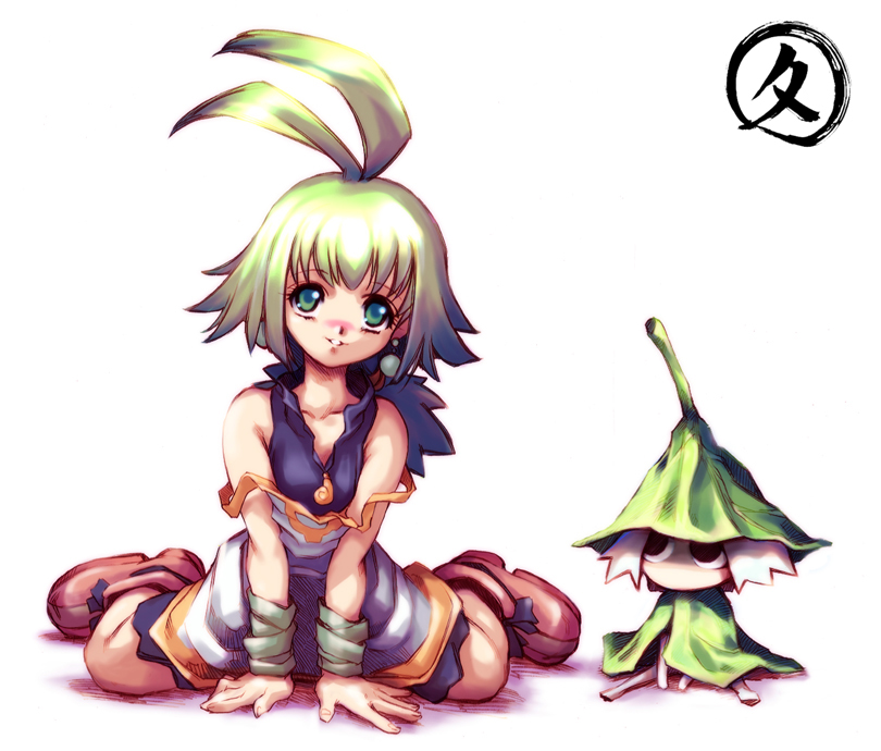 hisahiko, marona (phantom brave), putty, putty (phantom brave), phantom brave, 1girl, ahoge, antenna hair, green eyes, green hair, kneeling, long hair