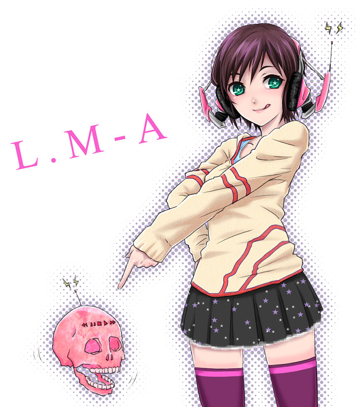 un (le monde-alternatif), original, brown hair, green eyes, headphones, pointing, short hair, skirt, skull, solo, star (symbol), sweater, thighhighs