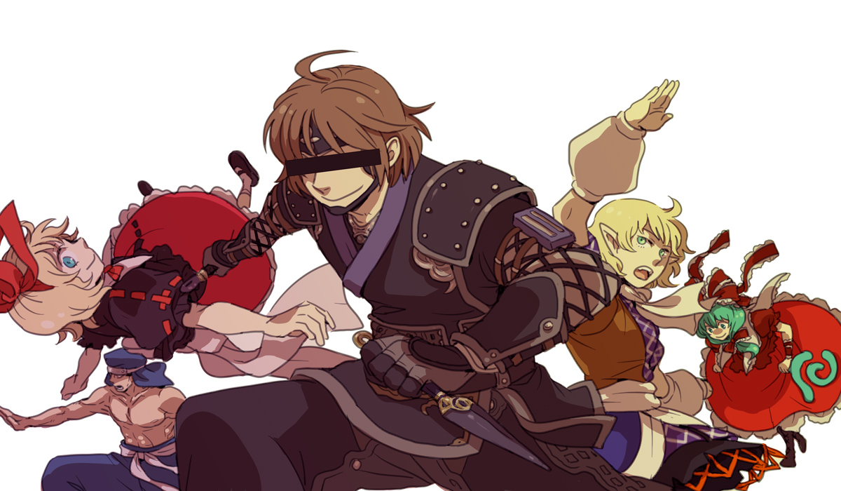 emu (losspass), jin fu-ha, kagiyama hina, kitanai ninja, medicine melancholy, mizuhashi parsee, final fantasy, final fantasy xi, the iron of yin and yang, touhou, 00s, 2boys, 3girls, arm warmers, blonde hair, blue eyes, brown hair, crossover, green eyes, green hair, hair ribbon, hat, kunai, multiple boys, multiple crossover, multiple girls, pointy ears, ribbon, scarf, short hair, weapon