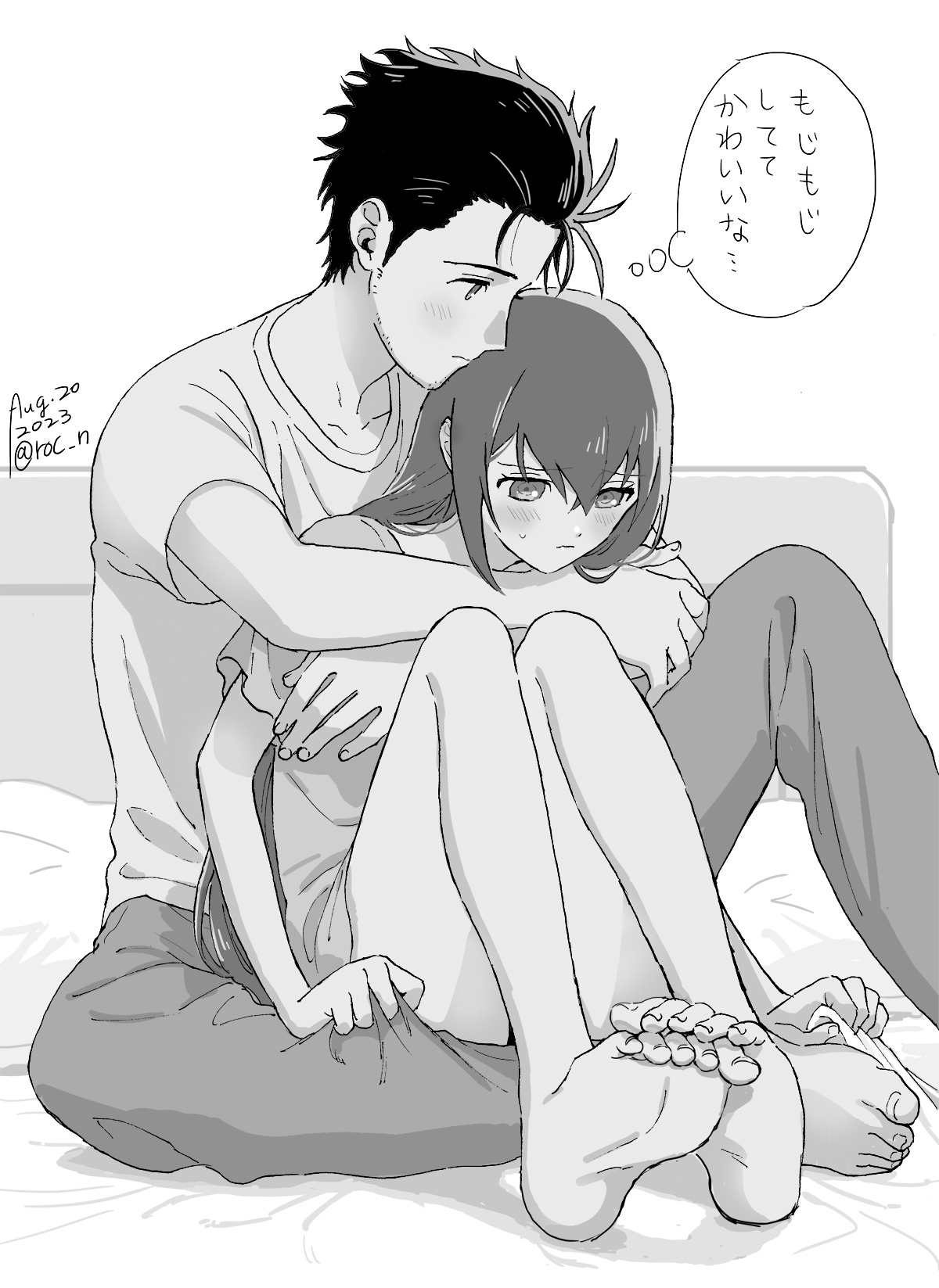 rocni, makise kurisu, okabe rintarou, science adventure, steins;gate, commentary request, highres, translation request, 1boy, 1girl, barefoot, beard stubble, bed, bedroom, blush, couple, facial hair, greyscale, hetero, indoors, long hair, looking at another, loungewear, monochrome, pants, shirt, short hair, shorts, sitting, sitting on person, speech bubble, stubble, t-shirt, thighs, thinking, thought bubble, toenails