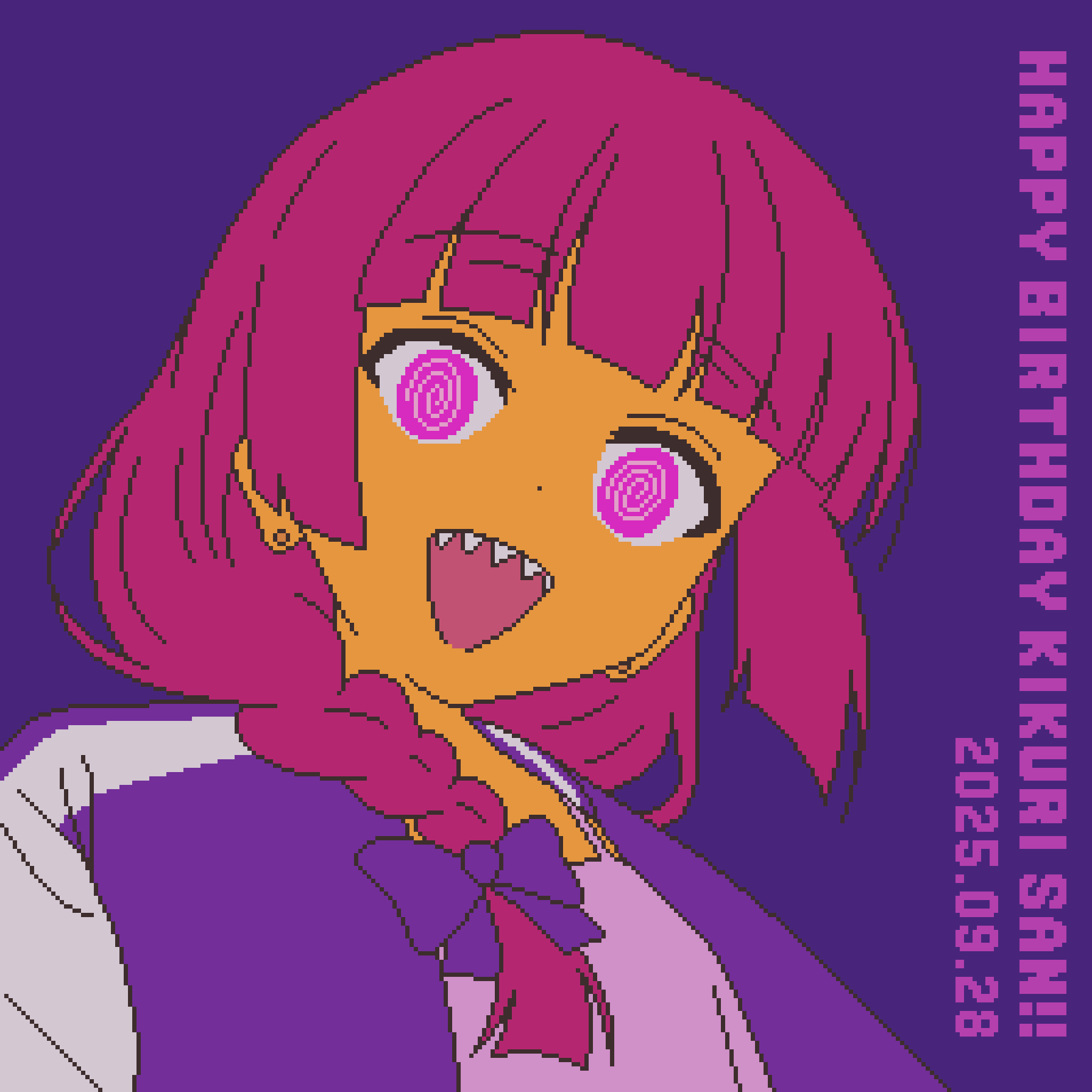hiroi kikuri, bocchi the rock!, commentary request, highres, 1girl, @ @, blunt bangs, bow, braid, dated, earrings, english text, from below, hair bow, happy birthday, head tilt, jacket, jewelry, long hair, looking at viewer, open mouth, pink hair, pixel art, portrait, purple background, purple eyes, sharp teeth, simple background, single braid, solo, tank top, teeth, yuru kaze