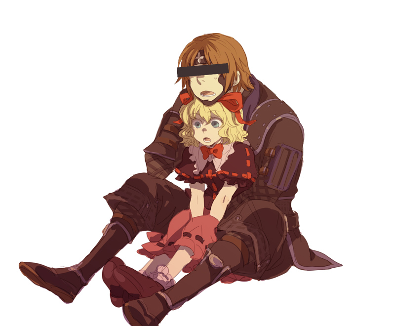 emu (losspass), kitanai ninja, medicine melancholy, final fantasy, final fantasy xi, the iron of yin and yang, touhou, 00s, 1boy, 1girl, aqua eyes, bar censor, blonde hair, blue eyes, boots, bow, brown hair, censored, censored identity, crossover, hair ribbon, hetero, ribbon, short hair, sitting, sitting on lap, sitting on person